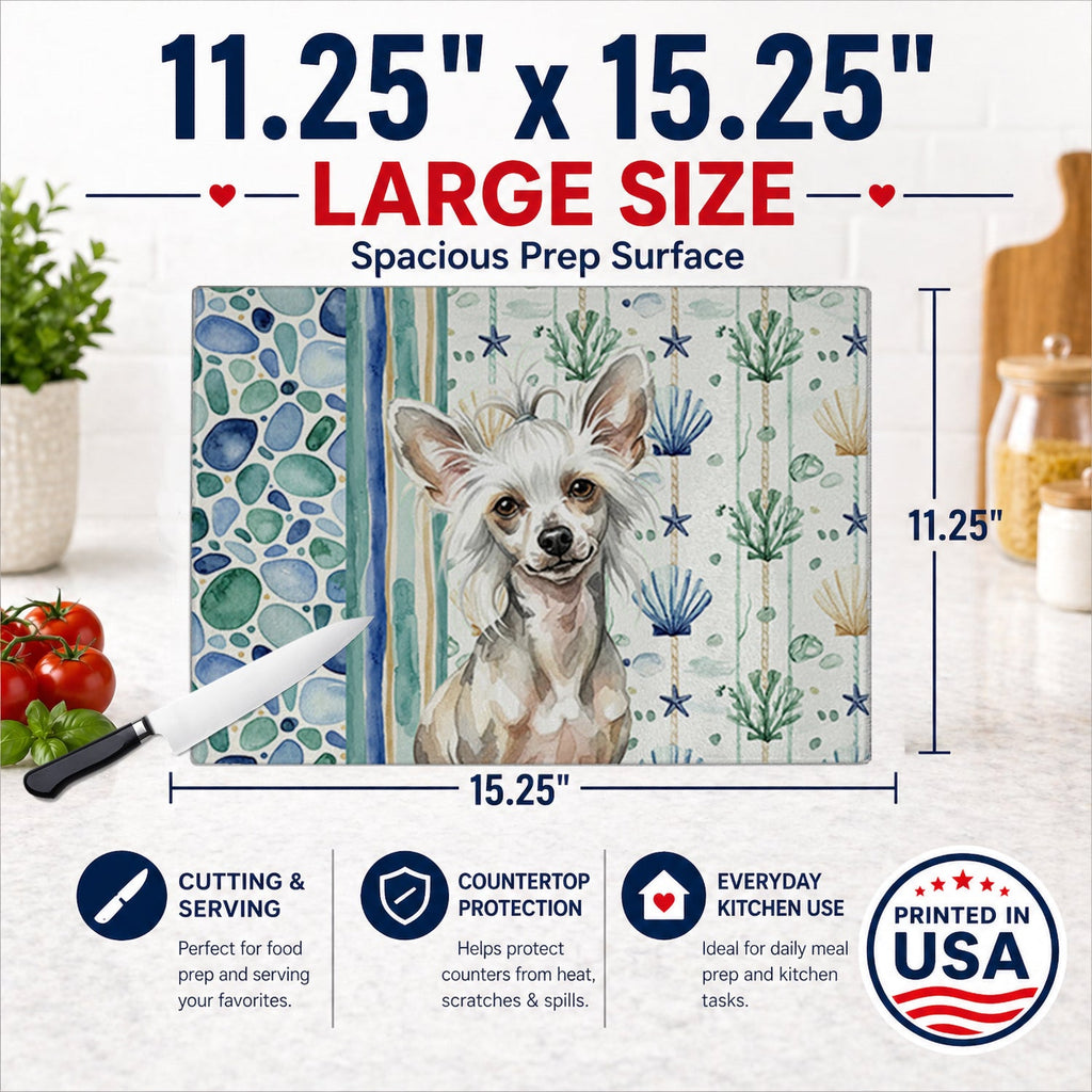Hairless Mottled Pattern Chinese Crested Coastal Sea Glass Cutting Board Tempered Glass Kitchen Cutting Surface, Heat Resistant Chopping, Non-Slip Feet, Food Prep & Serving