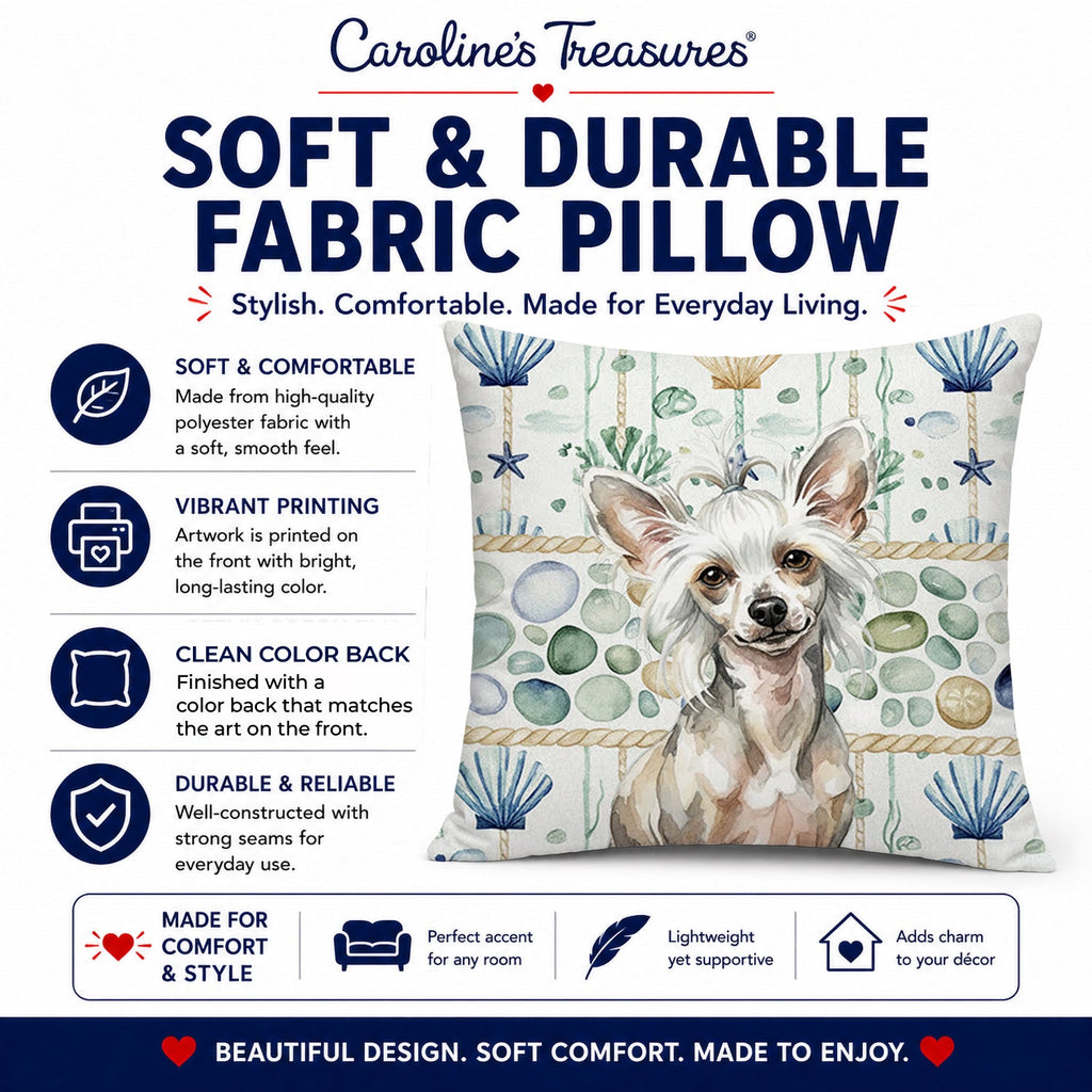 Hairless Mottled Pattern Chinese Crested Coastal Sea Glass Decorative Throw Pillow 14x14 Indoor Outdoor Accent Cushion, Fabric Cover with Insert for Sofa, Bed, Porch & Living Room