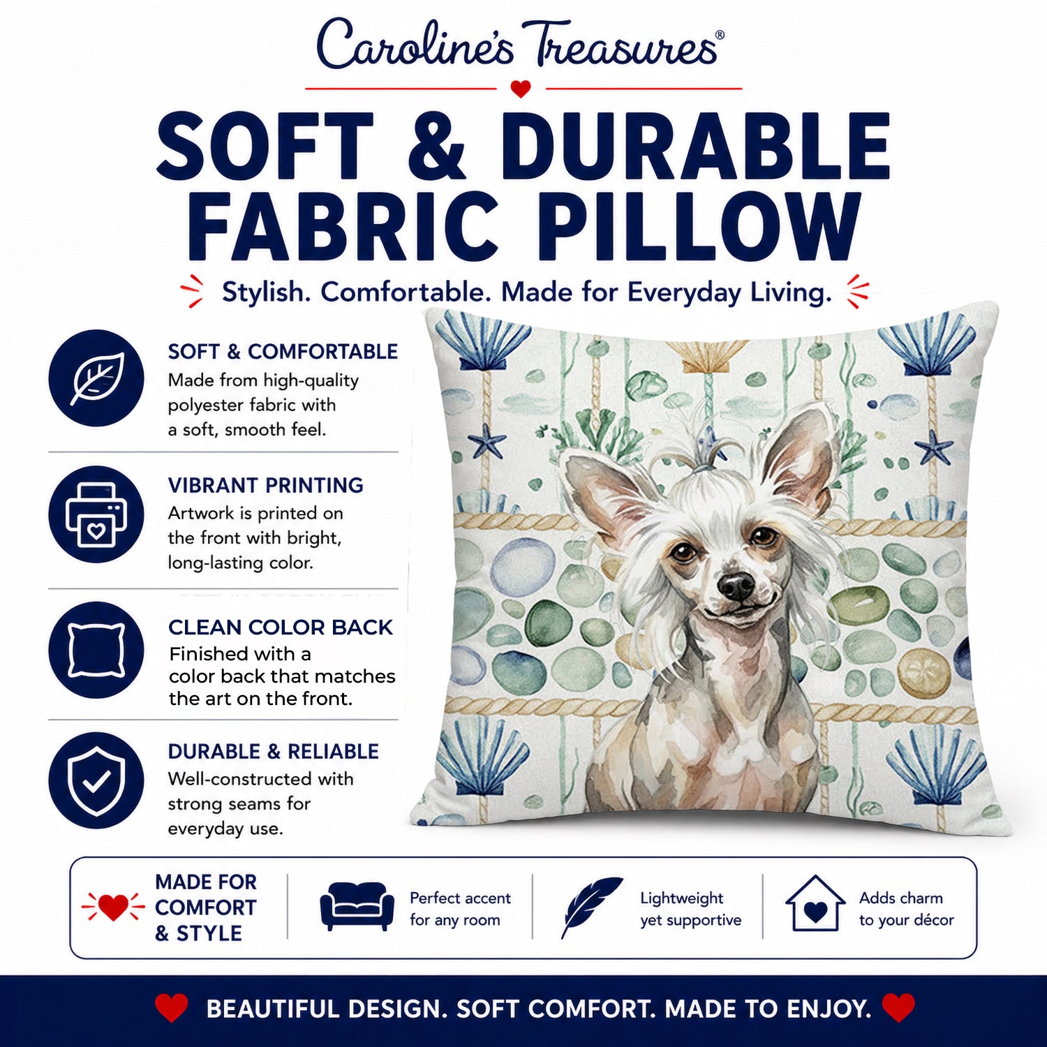 Hairless Mottled Pattern Chinese Crested Coastal Sea Glass Decorative Throw Pillow 14x14 Indoor Outdoor Accent Cushion, Fabric Cover with Insert for Sofa, Bed, Porch & Living Room