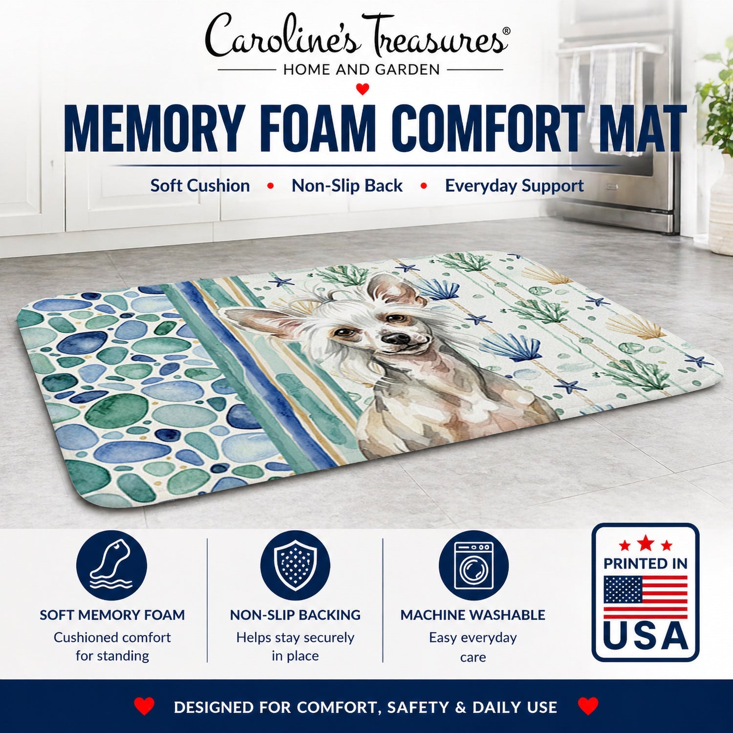 Hairless Mottled Pattern Chinese Crested Coastal Sea Glass Memory Foam Kitchen Mat Machine Washable Anti-Fatigue Cushion Comfort Bath or Kitchen Rug