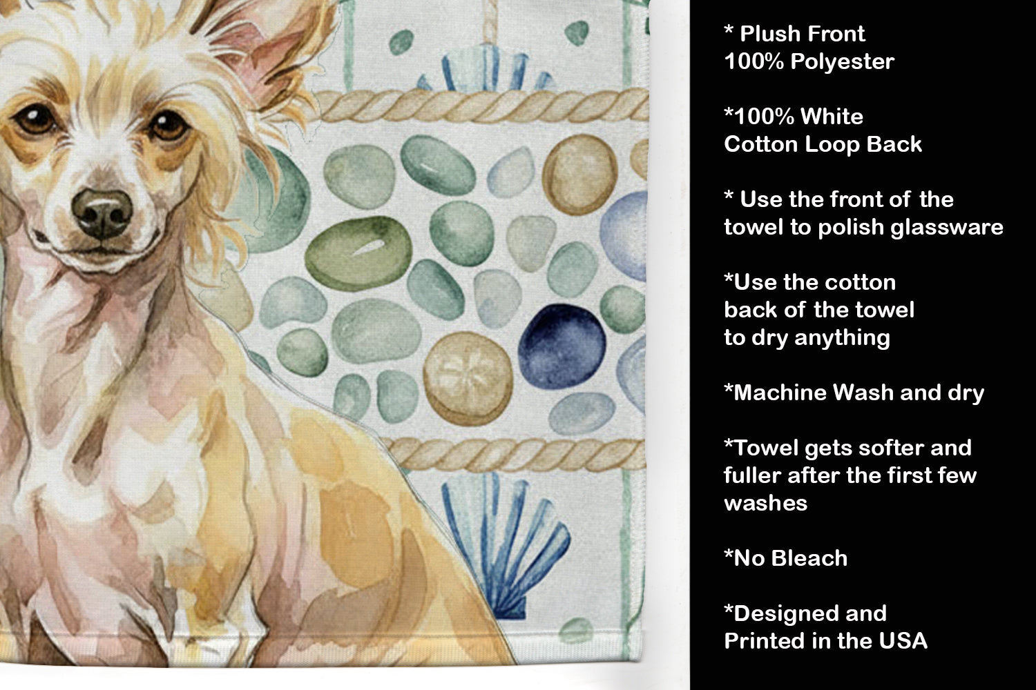 Hairless Palomino Chinese Crested Coastal Sea Glass Kitchen Towel Velour Plush Front and Cotton Loop Back Machine Washable