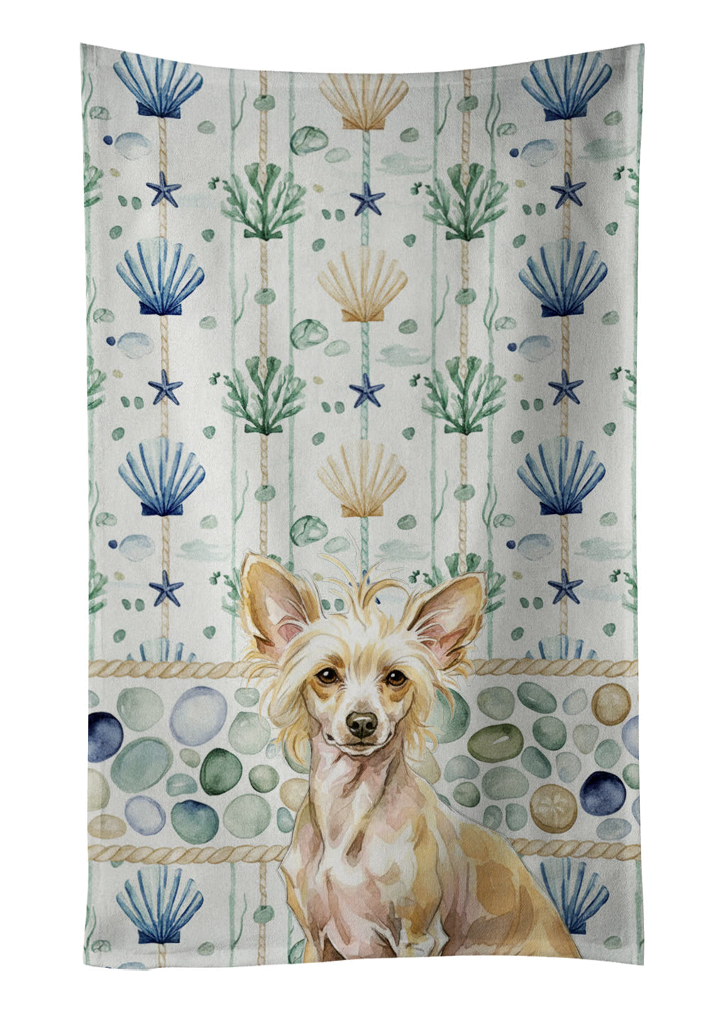 Hairless Palomino Chinese Crested Coastal Sea Glass Kitchen Towel Velour Plush Front and Cotton Loop Back Machine Washable