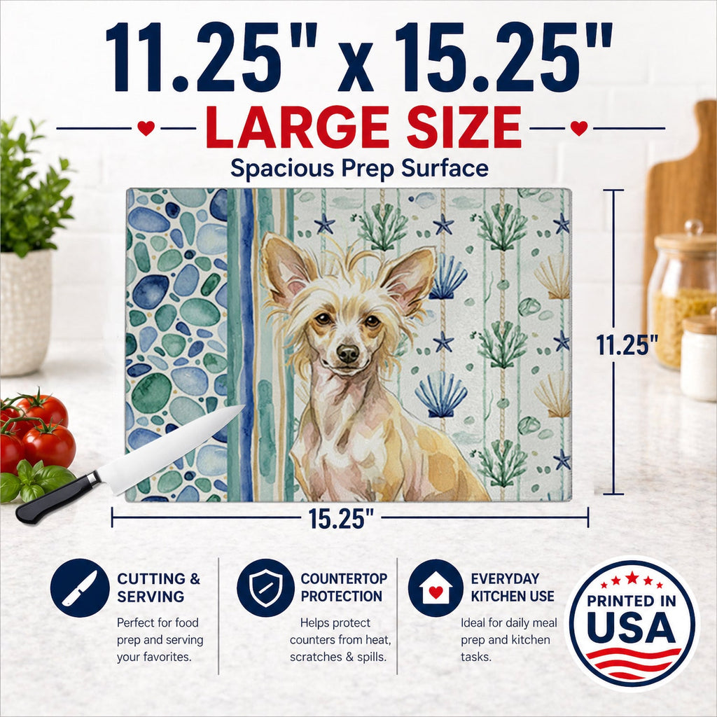 Hairless Palomino Chinese Crested Coastal Sea Glass Cutting Board Tempered Glass Kitchen Cutting Surface, Heat Resistant Chopping, Non-Slip Feet, Food Prep & Serving