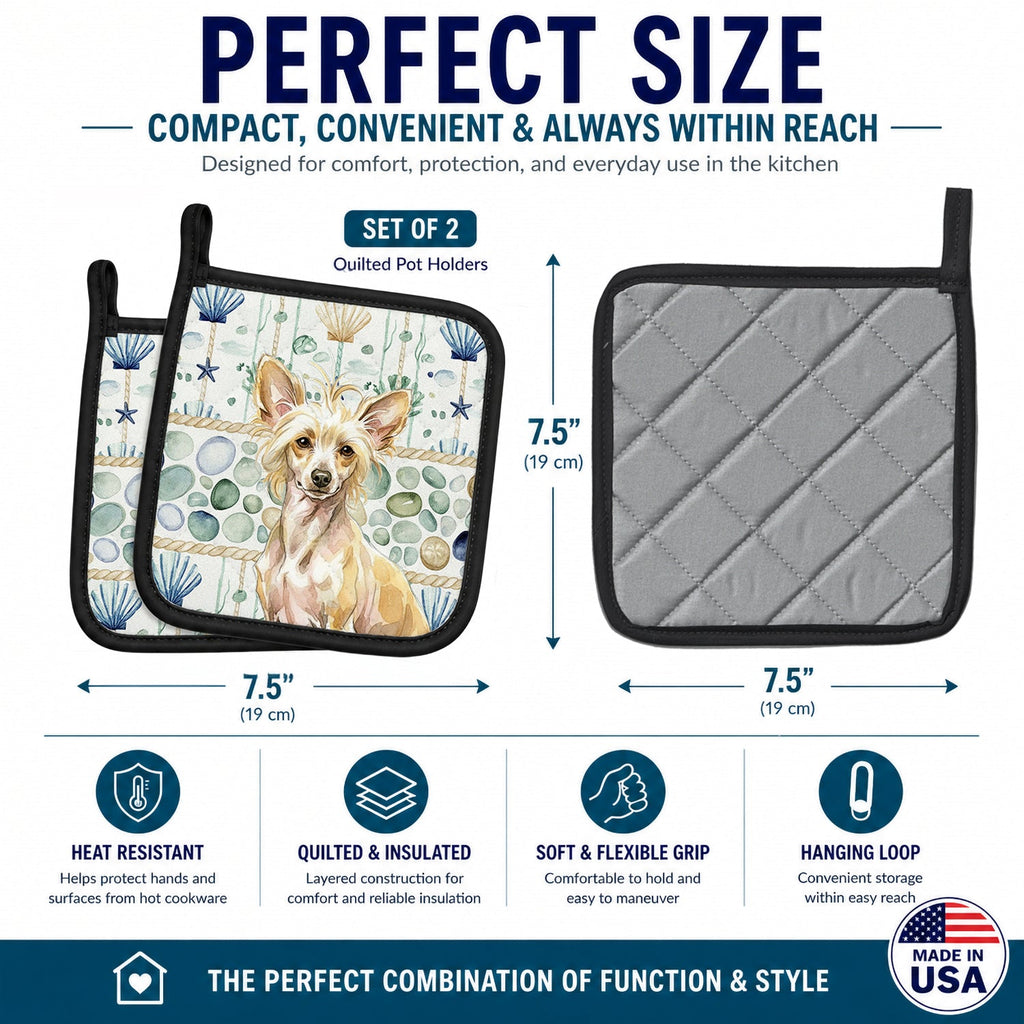Hairless Palomino Chinese Crested Coastal Sea Glass Pot Holder Set of 2 Heat Resistant Quilted Hot Pads 7.5 x 7.5 Inch, Insulated Kitchen Trivets for Cooking & Baking