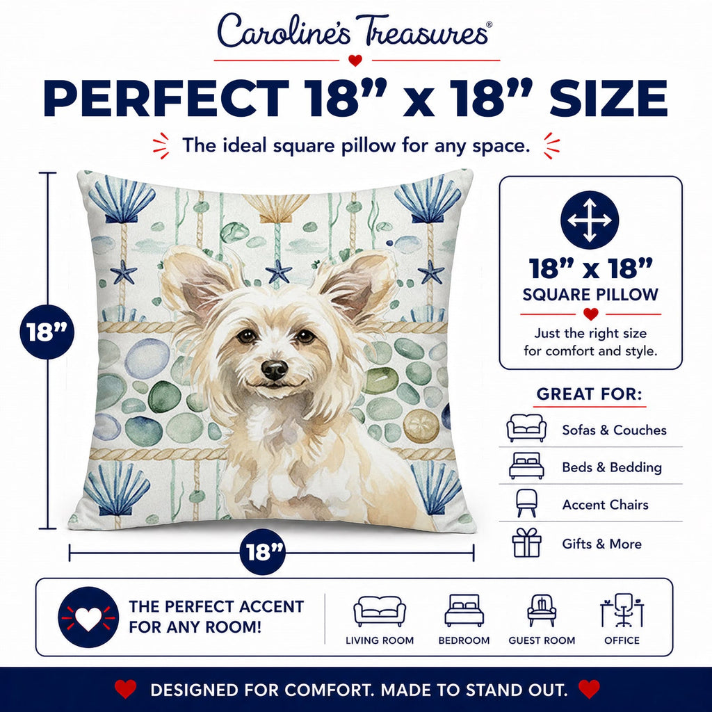 Powderpuff Chinese Crested Coastal Sea Glass Decorative Throw Pillow 18x18 Indoor Outdoor Accent Cushion, Fabric Cover with Insert for Sofa, Bed, Porch & Living Room