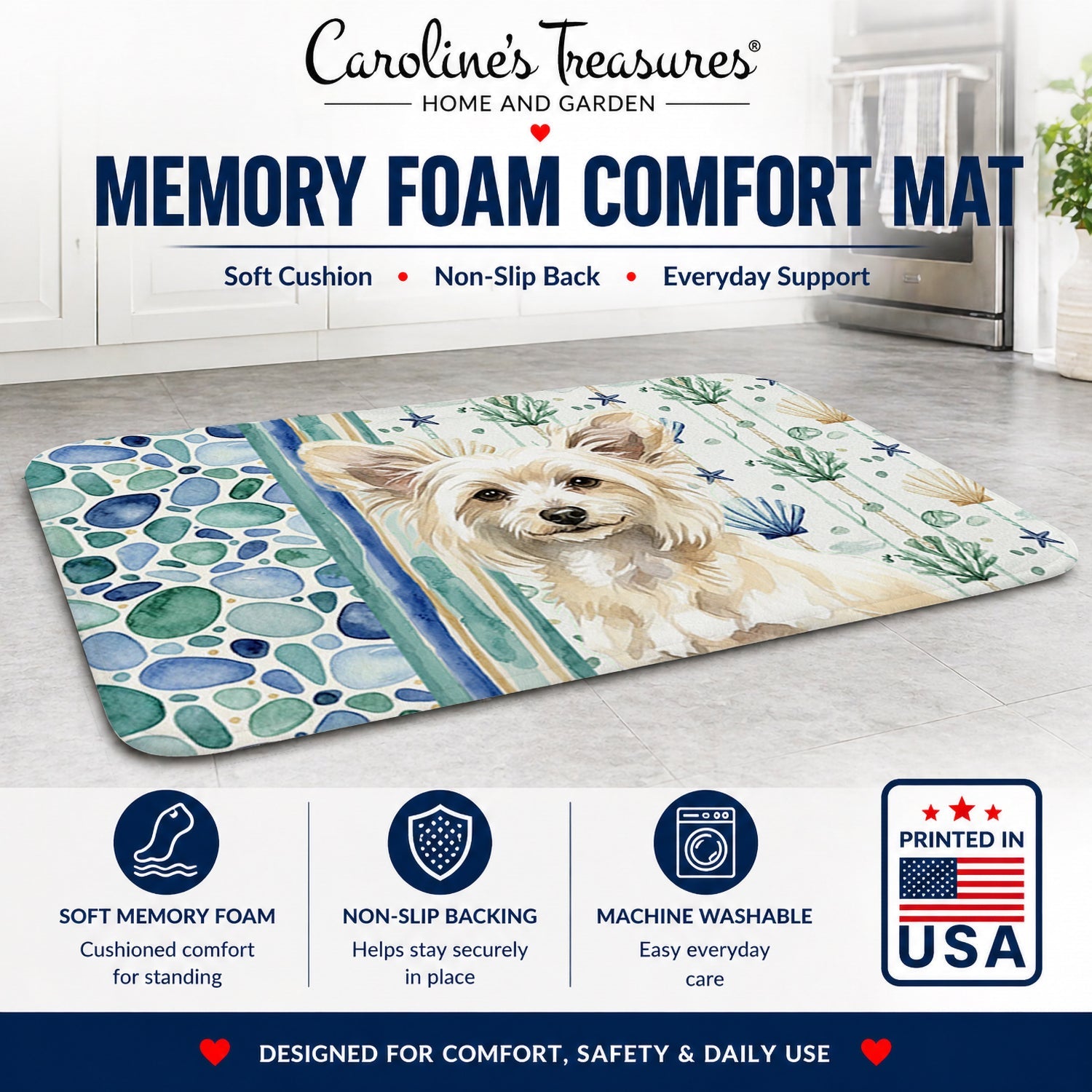 Powderpuff Chinese Crested Coastal Sea Glass Memory Foam Kitchen Mat Machine Washable Anti-Fatigue Cushion Comfort Bath or Kitchen Rug