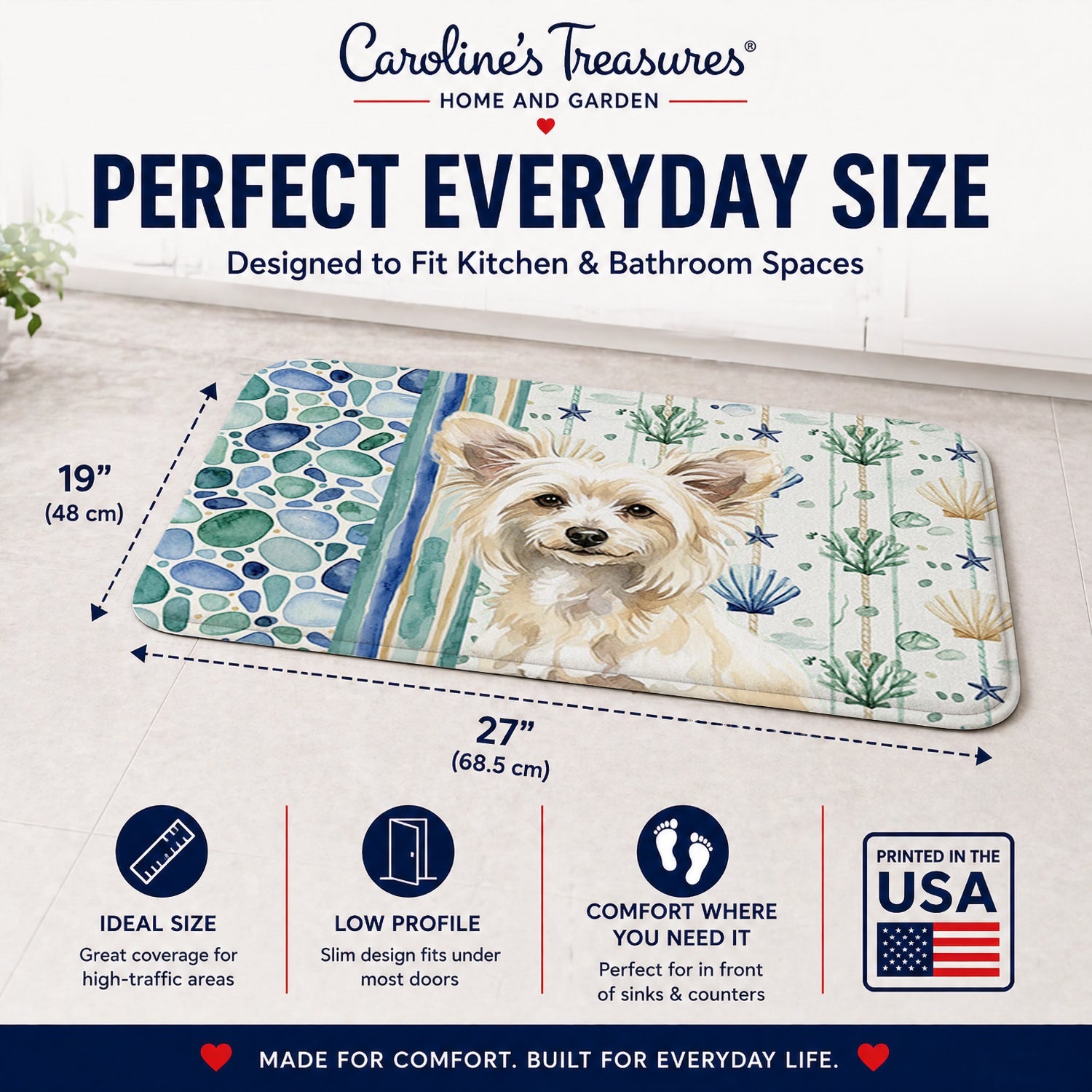 Powderpuff Chinese Crested Coastal Sea Glass Memory Foam Kitchen Mat Machine Washable Anti-Fatigue Cushion Comfort Bath or Kitchen Rug