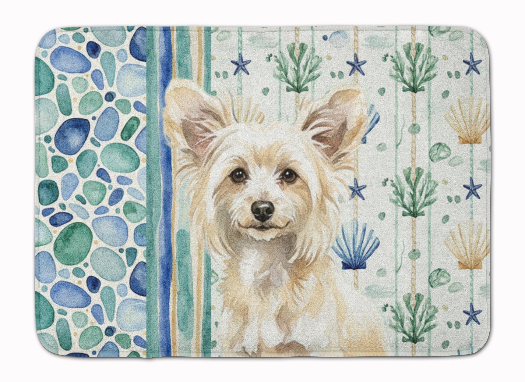 Powderpuff Chinese Crested Coastal Sea Glass Memory Foam Kitchen Mat Machine Washable Anti-Fatigue Cushion Comfort Bath or Kitchen Rug