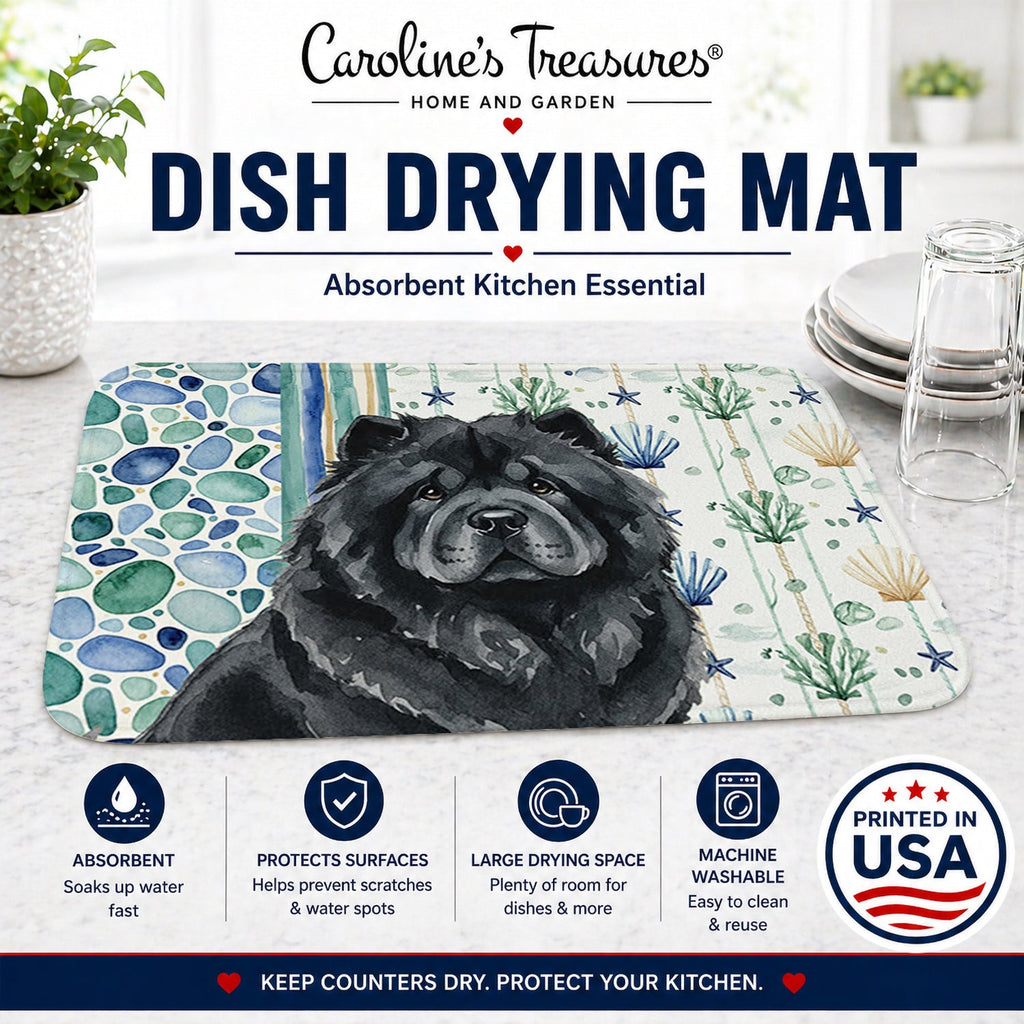 Black Chow Chow Coastal Sea Glass Dish Drying Mat Absorbent Dish Drying Mat Pad for Kitchen Counter Dish Drainer Mat for Countertop, 14 x 21", Multicolor
