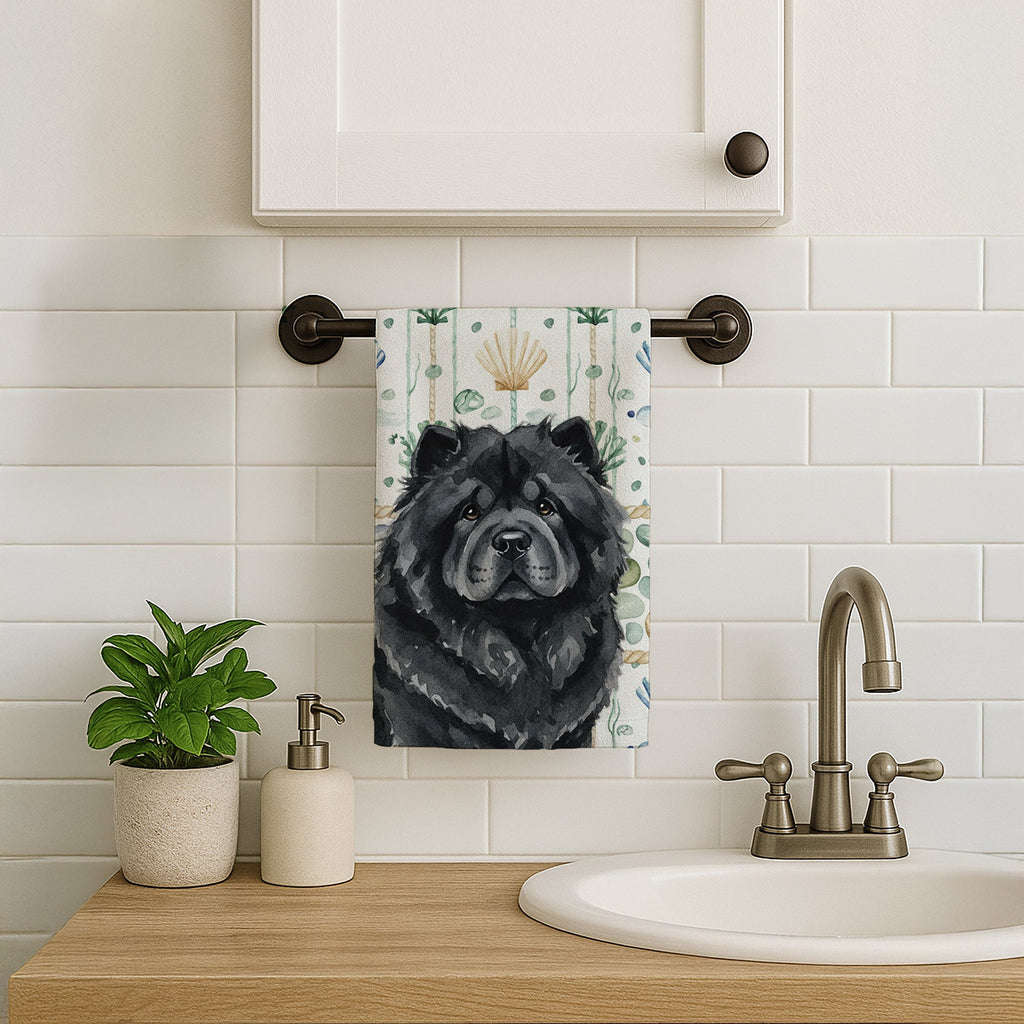 Black Chow Chow Coastal Sea Glass Kitchen Towel Velour Plush Front and Cotton Loop Back Machine Washable