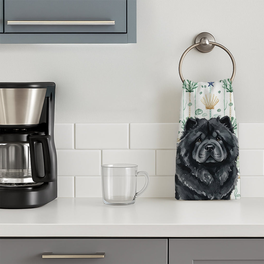 Black Chow Chow Coastal Sea Glass Kitchen Towel Velour Plush Front and Cotton Loop Back Machine Washable