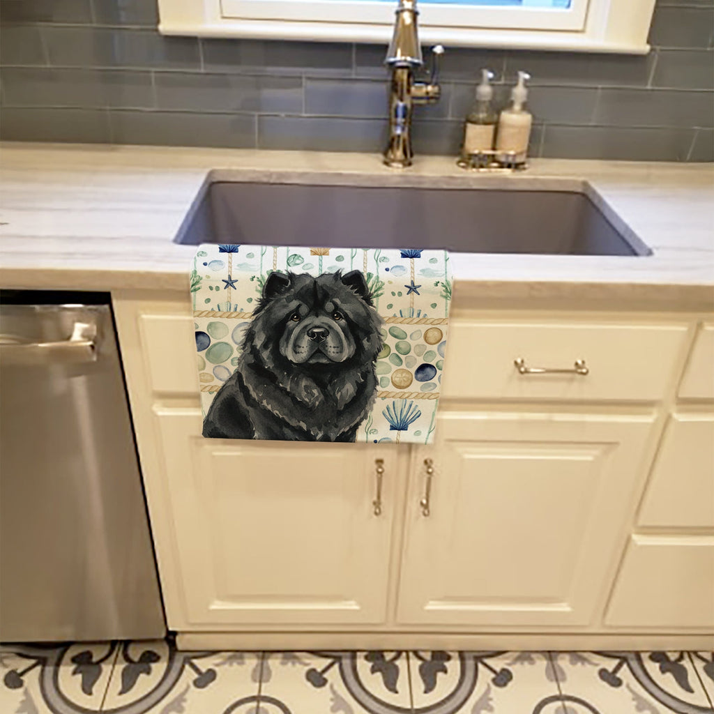 Black Chow Chow Coastal Sea Glass Kitchen Towel Velour Plush Front and Cotton Loop Back Machine Washable
