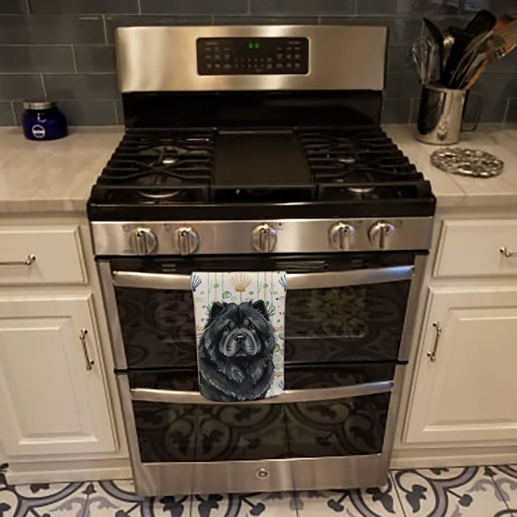 Black Chow Chow Coastal Sea Glass Kitchen Towel Velour Plush Front and Cotton Loop Back Machine Washable