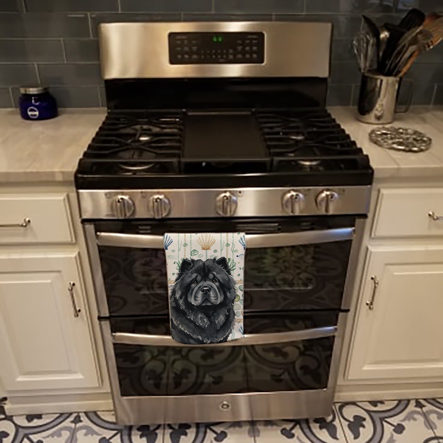 Black Chow Chow Coastal Sea Glass Kitchen Towel Velour Plush Front and Cotton Loop Back Machine Washable