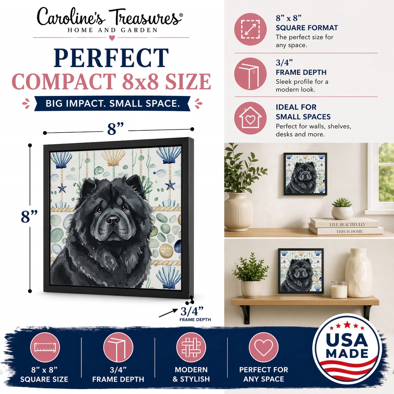 Black Chow Chow Coastal Sea Glass Framed Metal Print Bathroom, Kitchen, Office, Home Decor Wall Art Ready to Hang, Square, 8X8