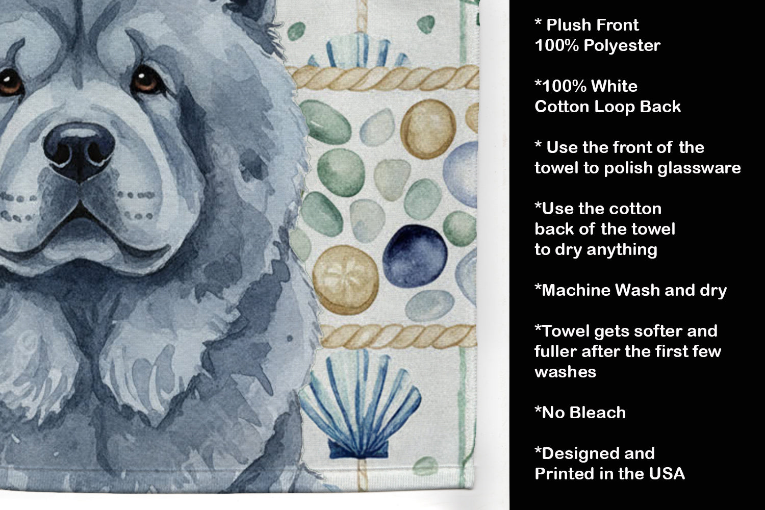 Blue Chow Chow Coastal Sea Glass Kitchen Towel Velour Plush Front and Cotton Loop Back Machine Washable