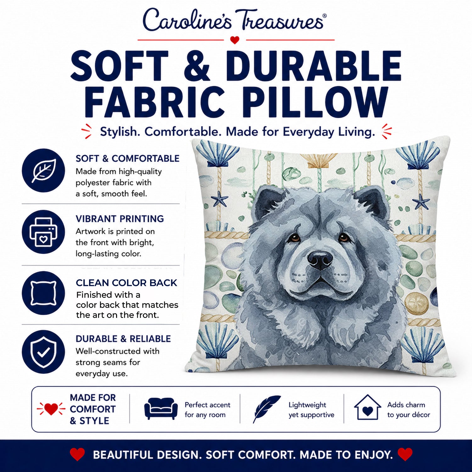 Blue Chow Chow Coastal Sea Glass Decorative Throw Pillow 14x14 Indoor Outdoor Accent Cushion, Fabric Cover with Insert for Sofa, Bed, Porch & Living Room