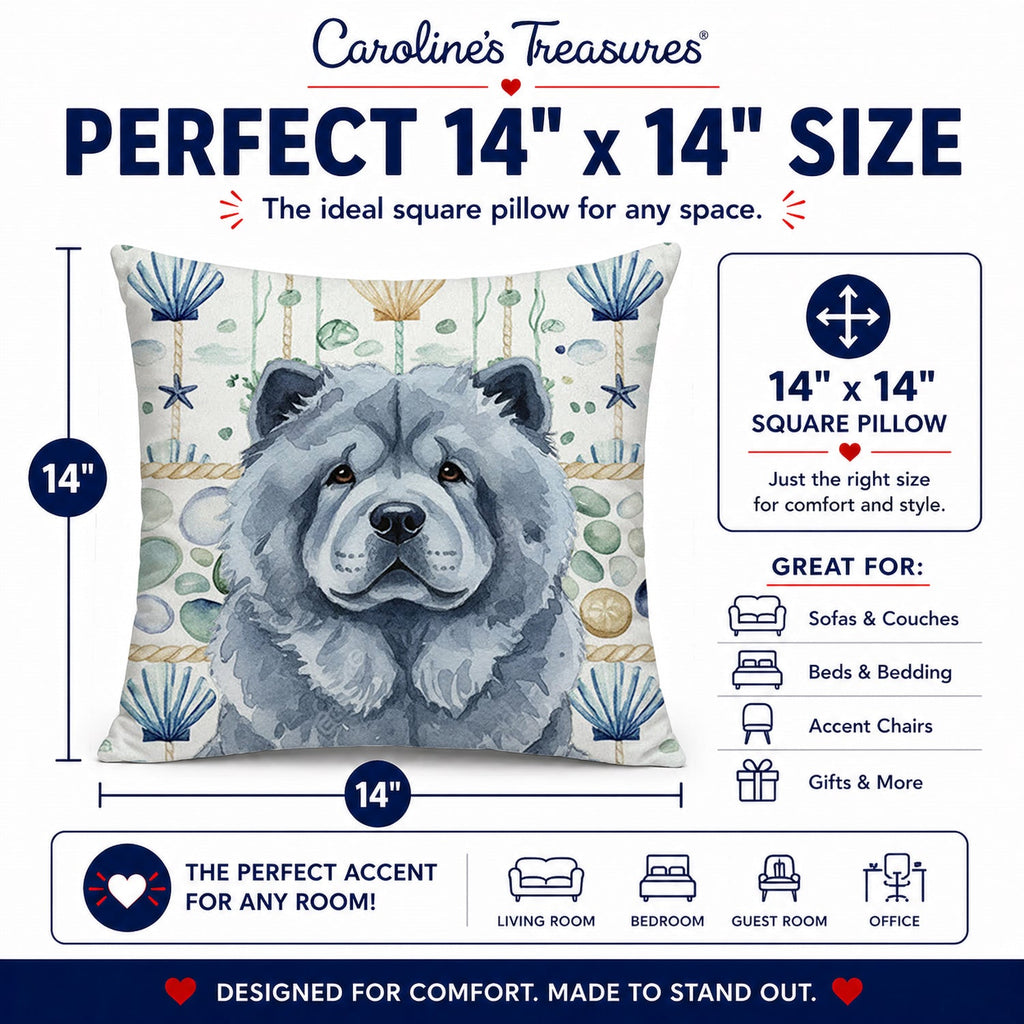 Blue Chow Chow Coastal Sea Glass Decorative Throw Pillow 14x14 Indoor Outdoor Accent Cushion, Fabric Cover with Insert for Sofa, Bed, Porch & Living Room