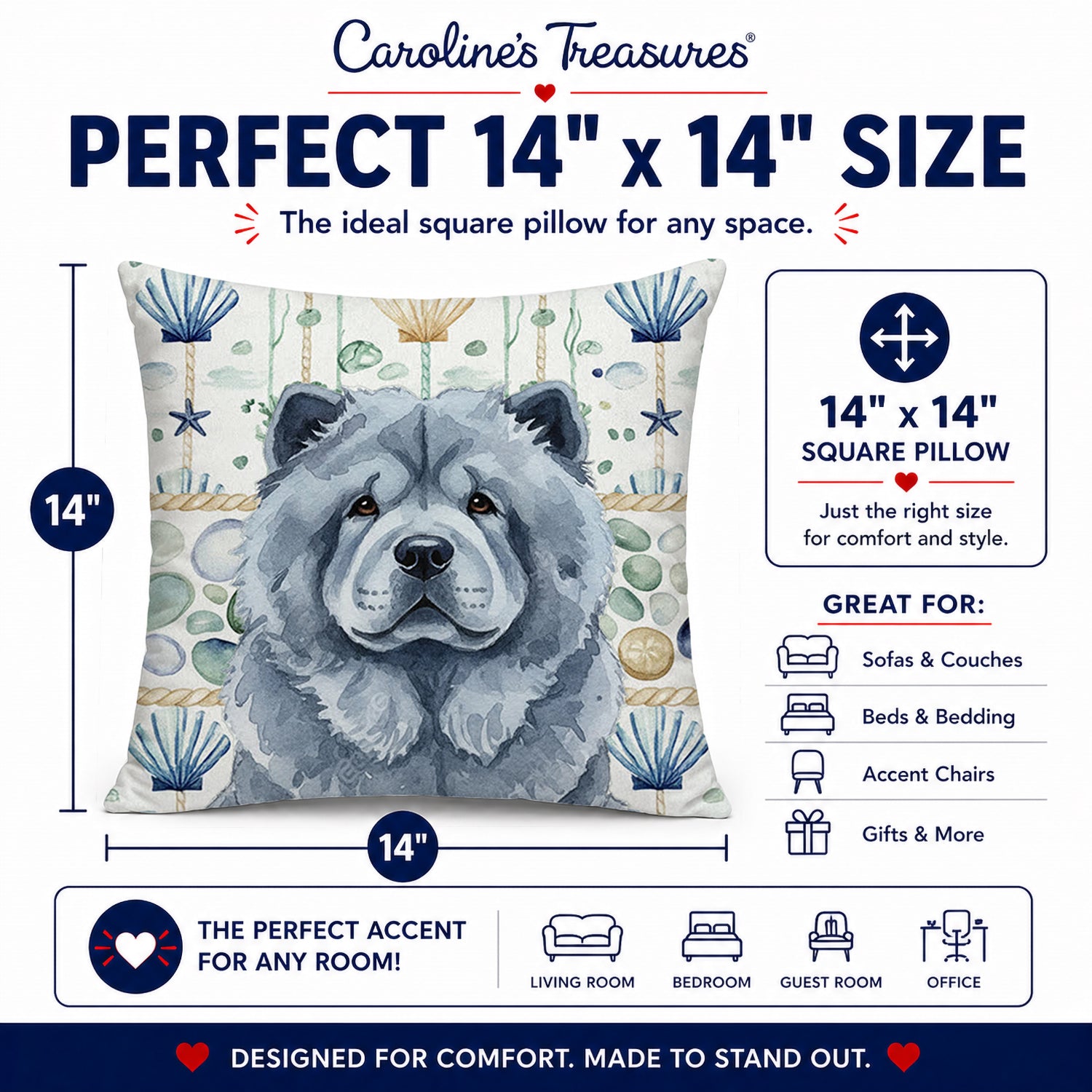Blue Chow Chow Coastal Sea Glass Decorative Throw Pillow 14x14 Indoor Outdoor Accent Cushion, Fabric Cover with Insert for Sofa, Bed, Porch & Living Room
