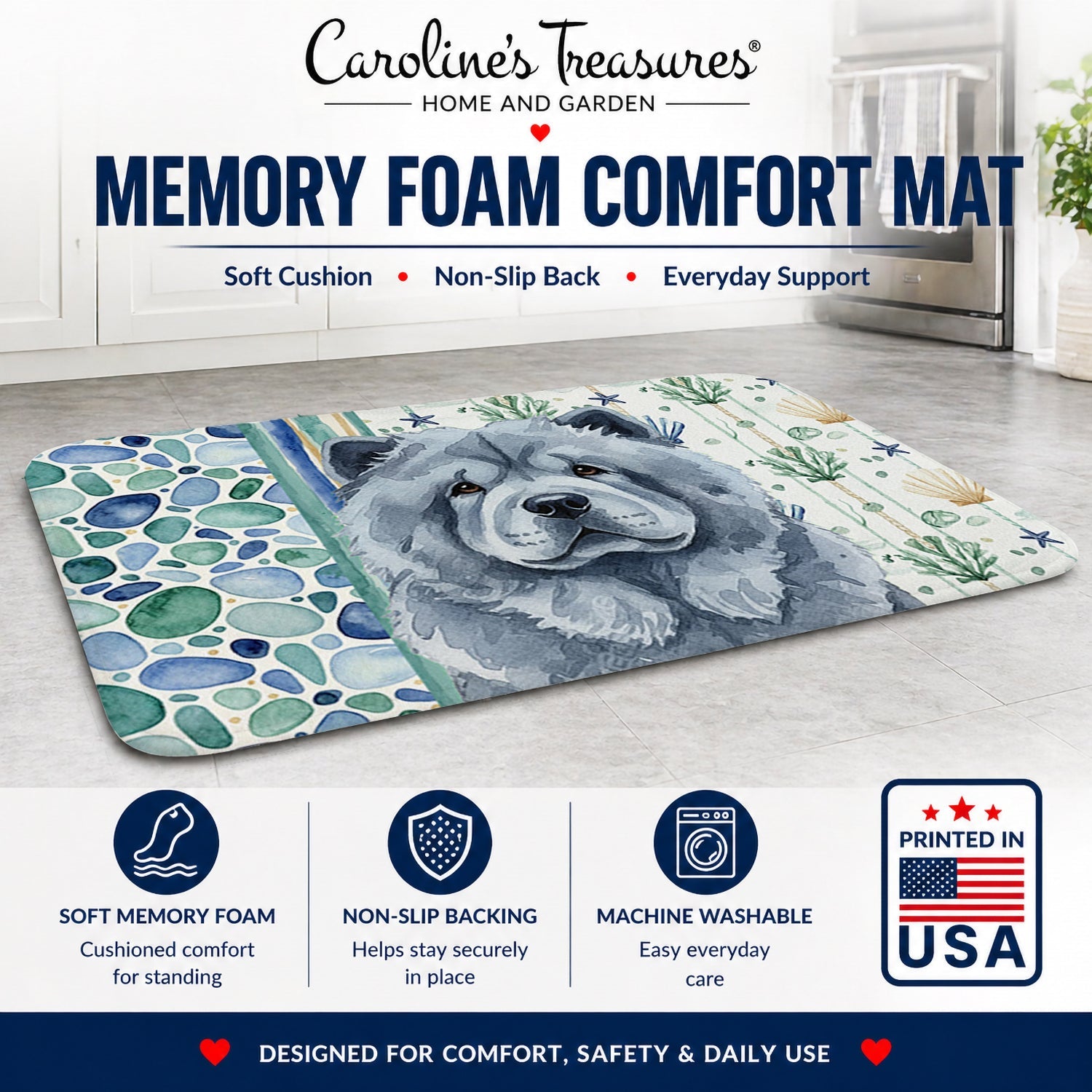 Blue Chow Chow Coastal Sea Glass Memory Foam Kitchen Mat Machine Washable Anti-Fatigue Cushion Comfort Bath or Kitchen Rug