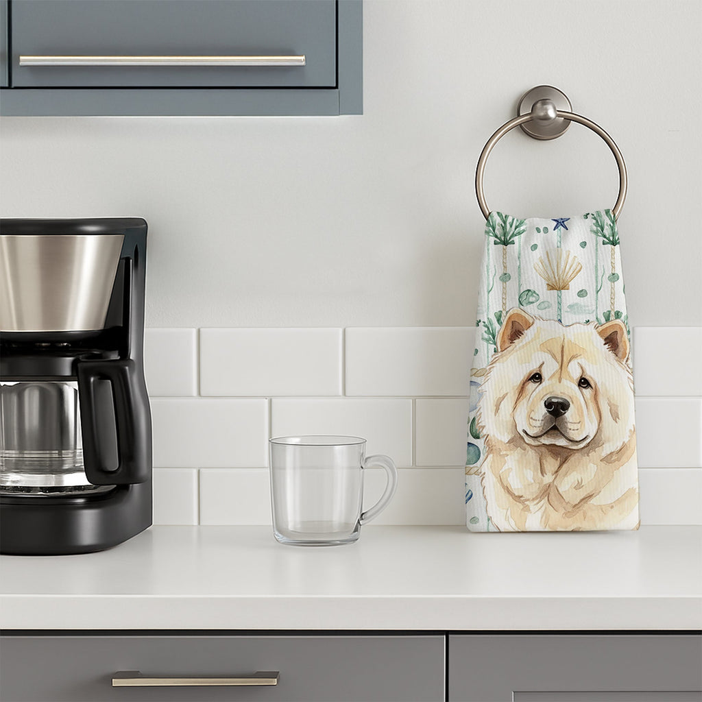 Cream Chow Chow Coastal Sea Glass Kitchen Towel Velour Plush Front and Cotton Loop Back Machine Washable