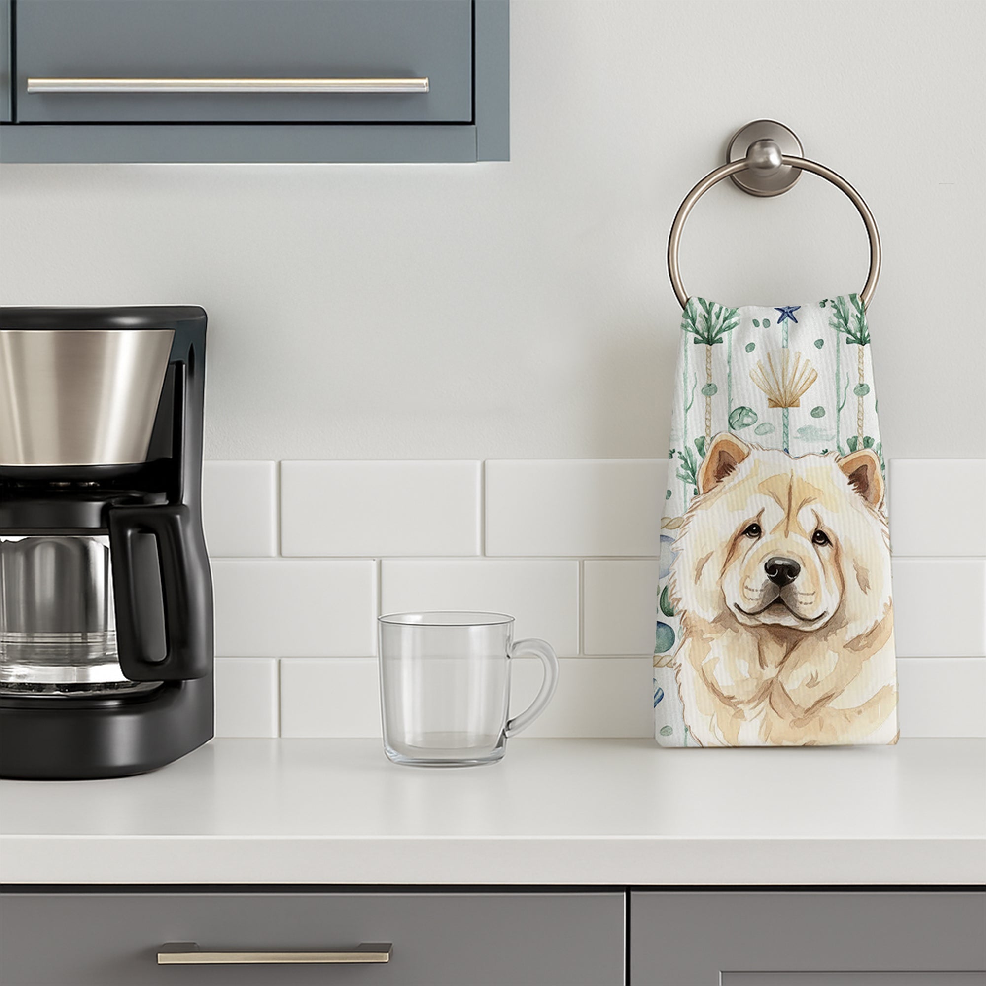 Cream Chow Chow Coastal Sea Glass Kitchen Towel Velour Plush Front and Cotton Loop Back Machine Washable