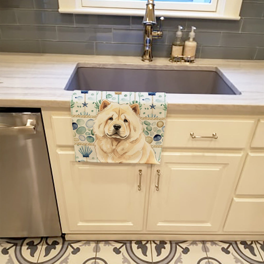 Cream Chow Chow Coastal Sea Glass Kitchen Towel Velour Plush Front and Cotton Loop Back Machine Washable