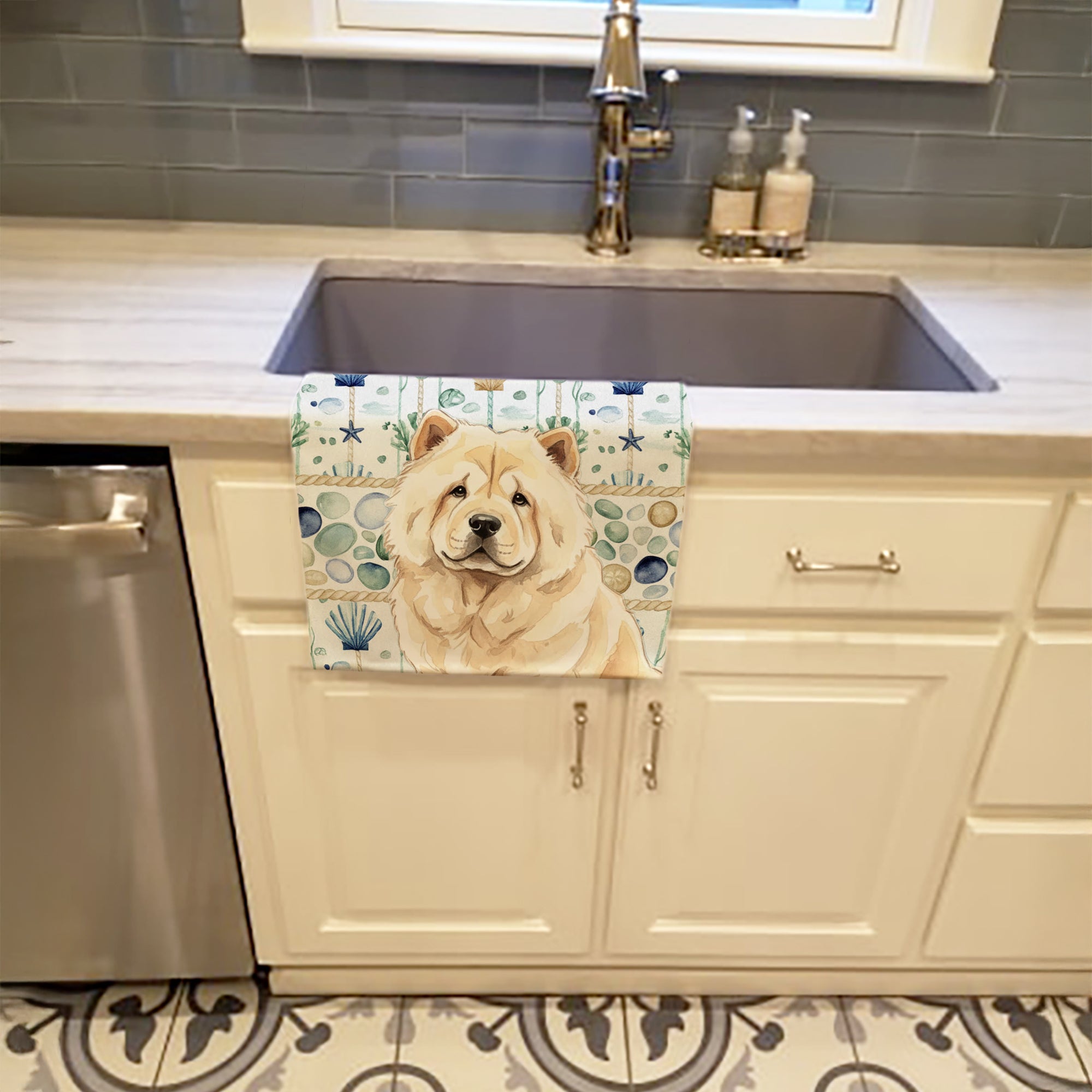 Cream Chow Chow Coastal Sea Glass Kitchen Towel Velour Plush Front and Cotton Loop Back Machine Washable