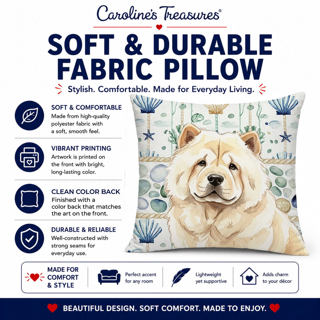 Cream Chow Chow Coastal Sea Glass Decorative Throw Pillow 14x14 Indoor Outdoor Accent Cushion, Fabric Cover with Insert for Sofa, Bed, Porch & Living Room