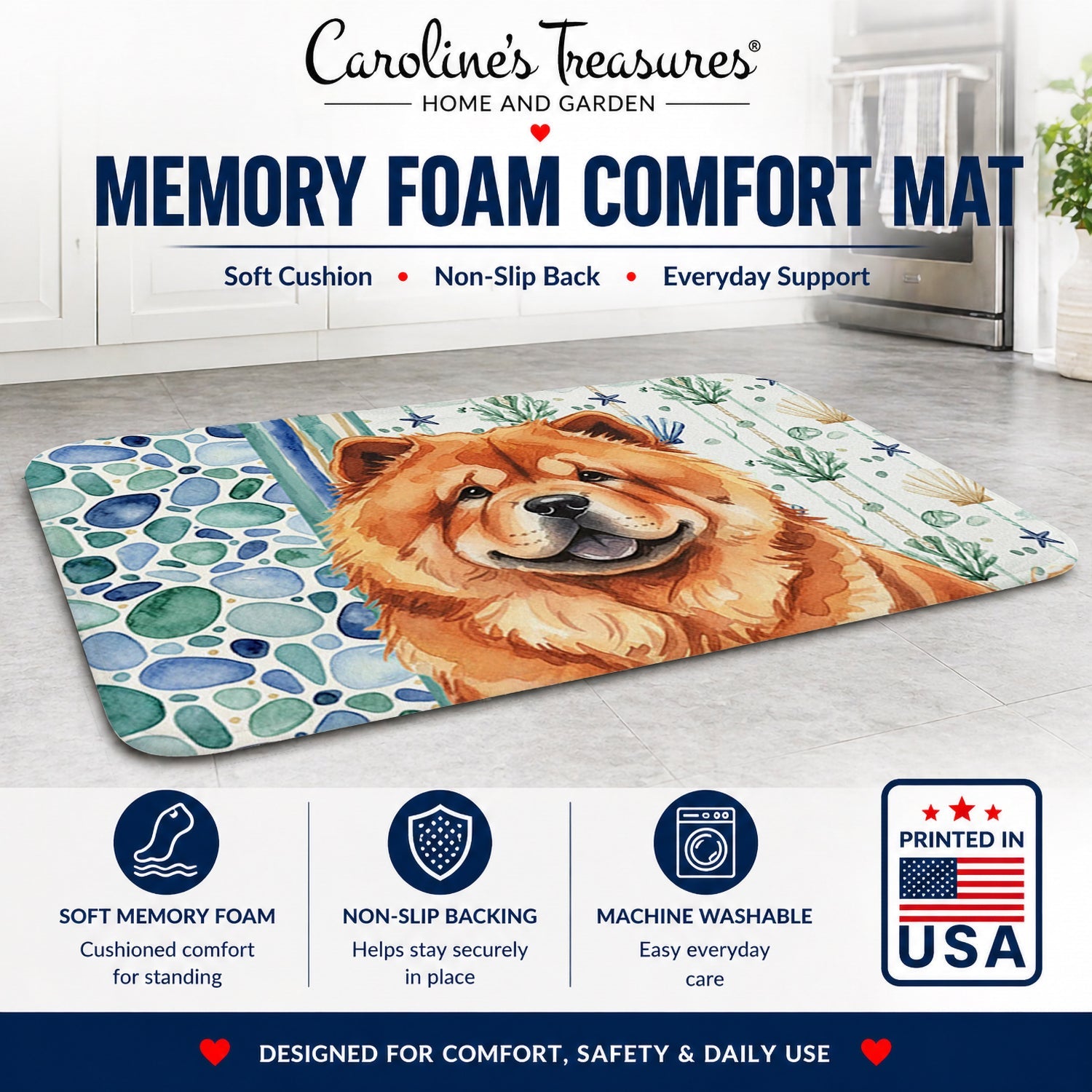 Red Chow Chow Coastal Sea Glass Memory Foam Kitchen Mat Machine Washable Anti-Fatigue Cushion Comfort Bath or Kitchen Rug