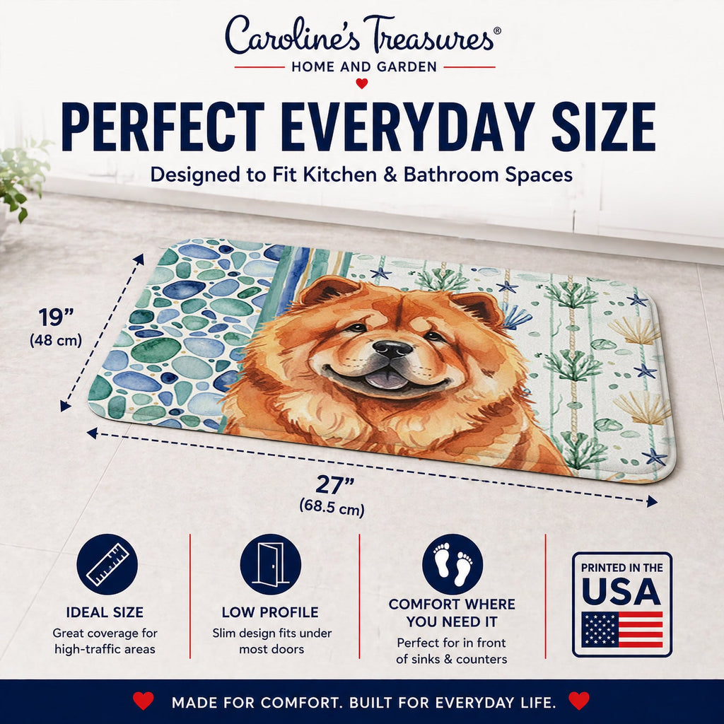 Red Chow Chow Coastal Sea Glass Memory Foam Kitchen Mat Machine Washable Anti-Fatigue Cushion Comfort Bath or Kitchen Rug