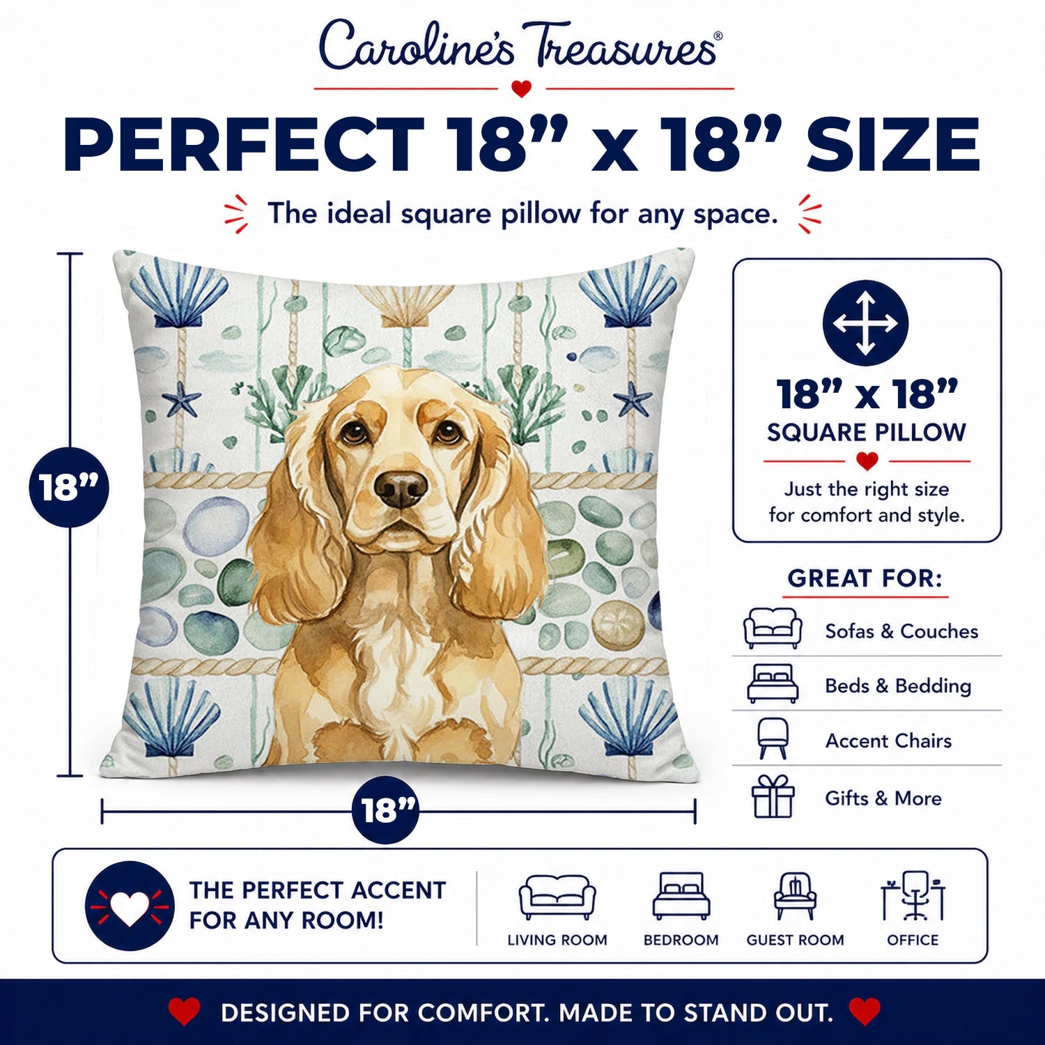 Buff Cocker Spaniel Coastal Sea Glass Decorative Throw Pillow 18x18 Indoor Outdoor Accent Cushion, Fabric Cover with Insert for Sofa, Bed, Porch & Living Room