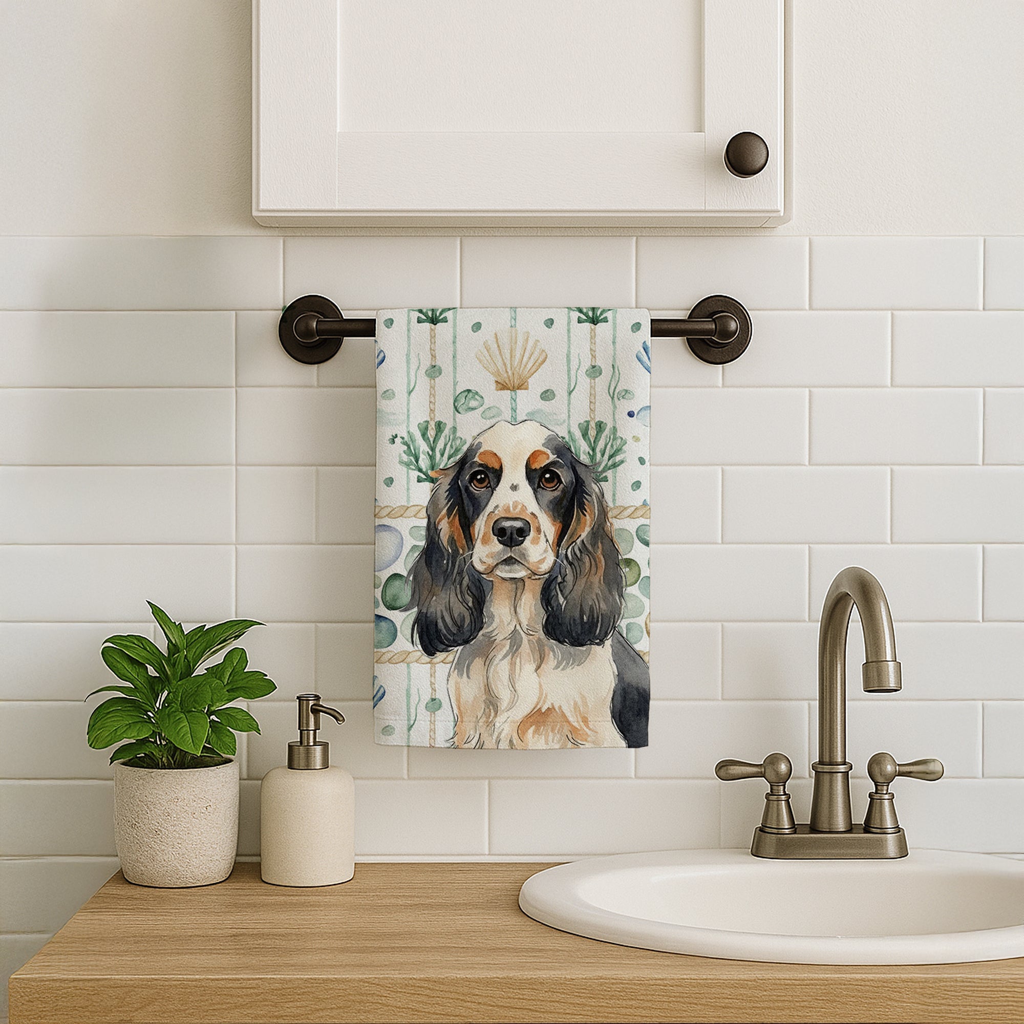 Parti Cocker Spaniel Coastal Sea Glass Kitchen Towel Velour Plush Front and Cotton Loop Back Machine Washable