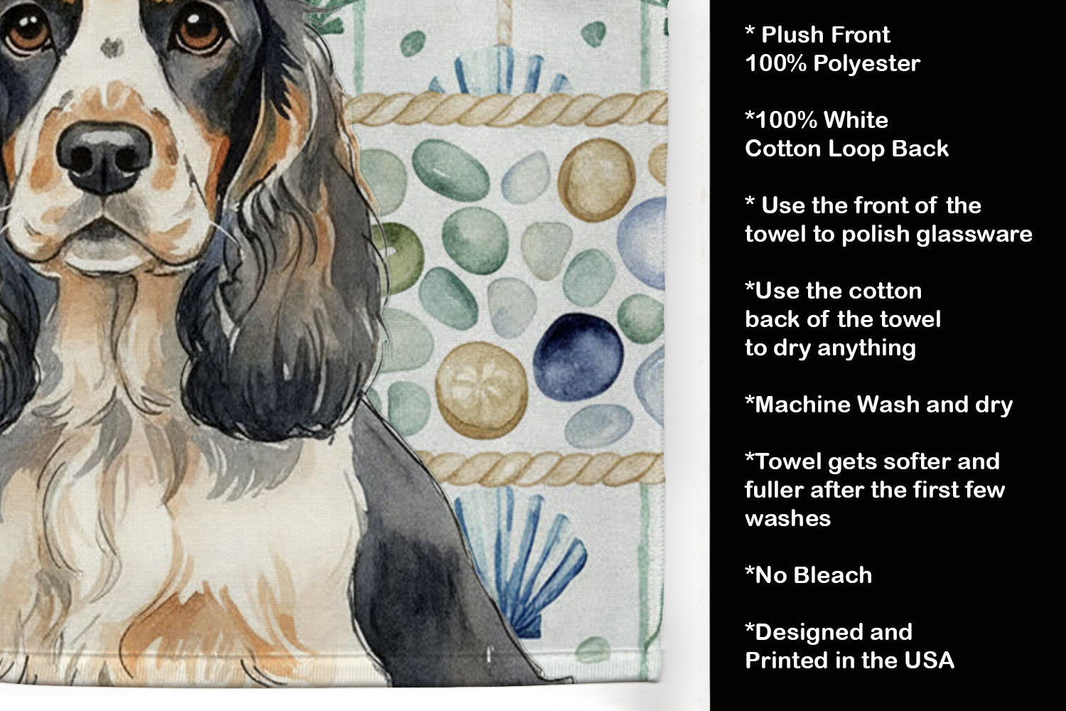 Parti Cocker Spaniel Coastal Sea Glass Kitchen Towel Velour Plush Front and Cotton Loop Back Machine Washable