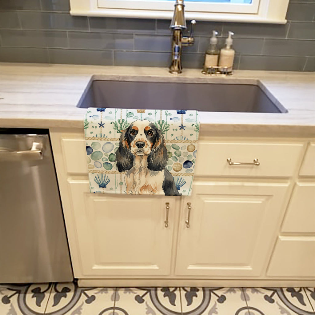 Parti Cocker Spaniel Coastal Sea Glass Kitchen Towel Velour Plush Front and Cotton Loop Back Machine Washable