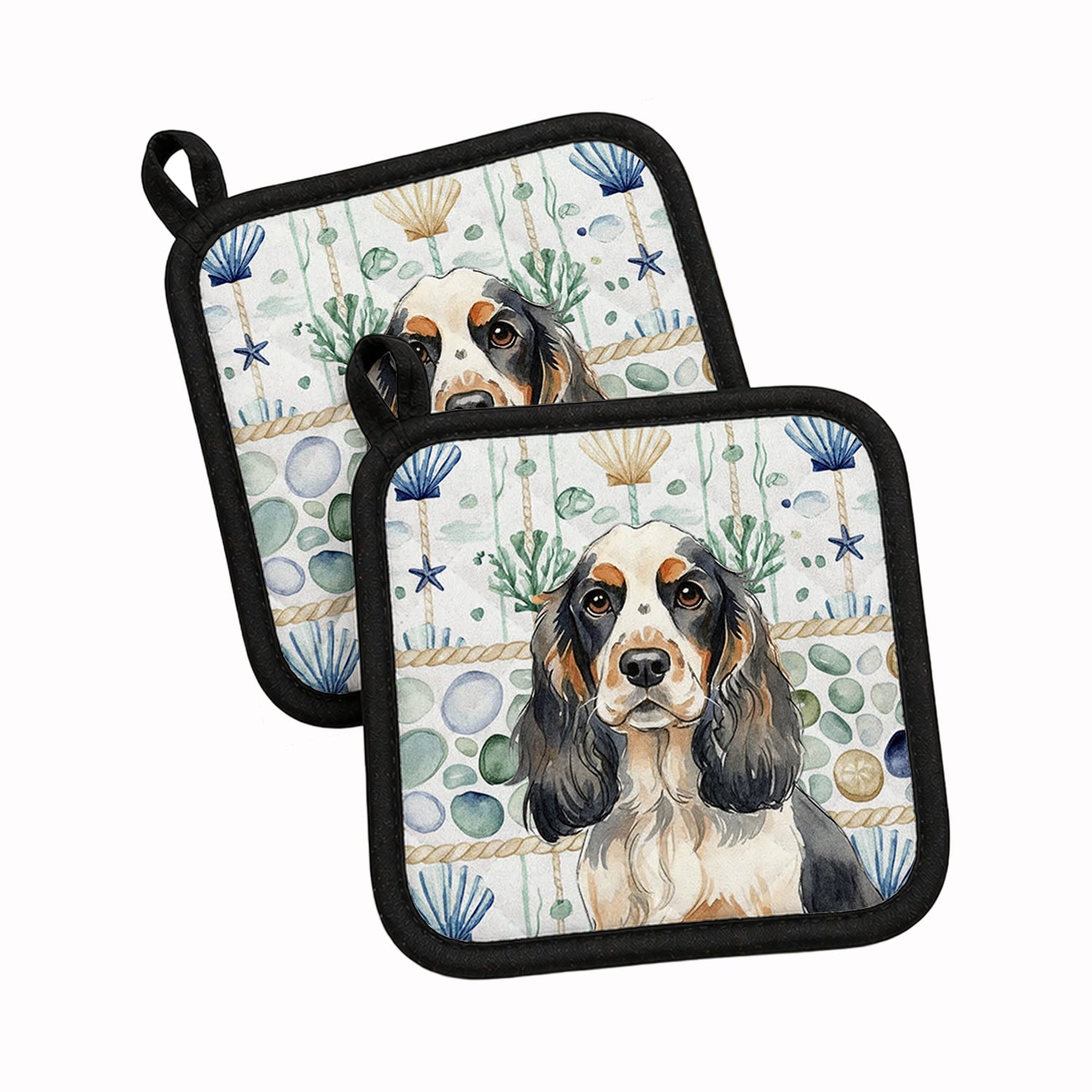 Parti Cocker Spaniel Coastal Sea Glass Pot Holder Set of 2 Heat Resistant Quilted Hot Pads 7.5 x 7.5 Inch, Insulated Kitchen Trivets for Cooking & Baking