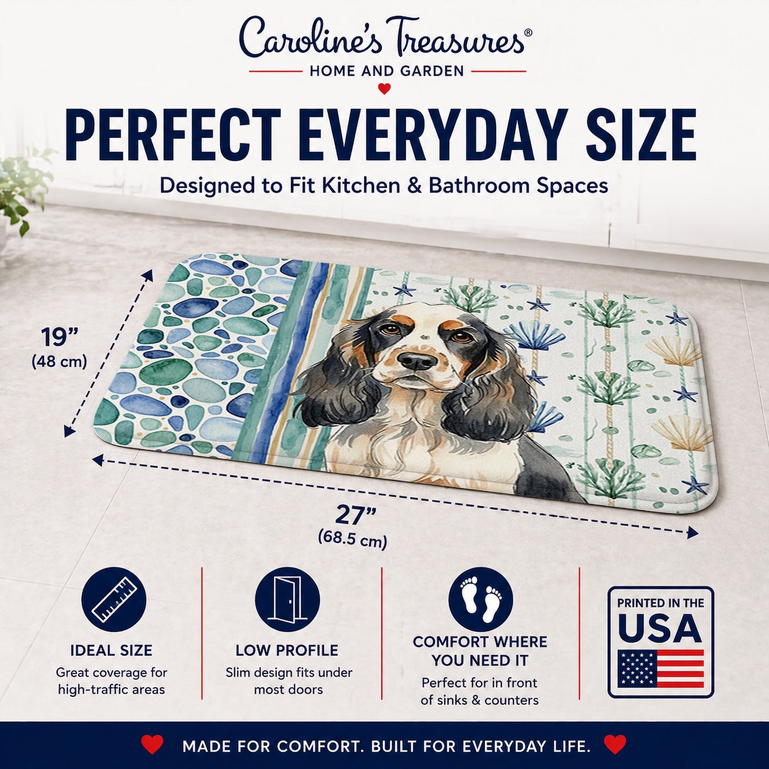 Parti Cocker Spaniel Coastal Sea Glass Memory Foam Kitchen Mat Machine Washable Anti-Fatigue Cushion Comfort Bath or Kitchen Rug
