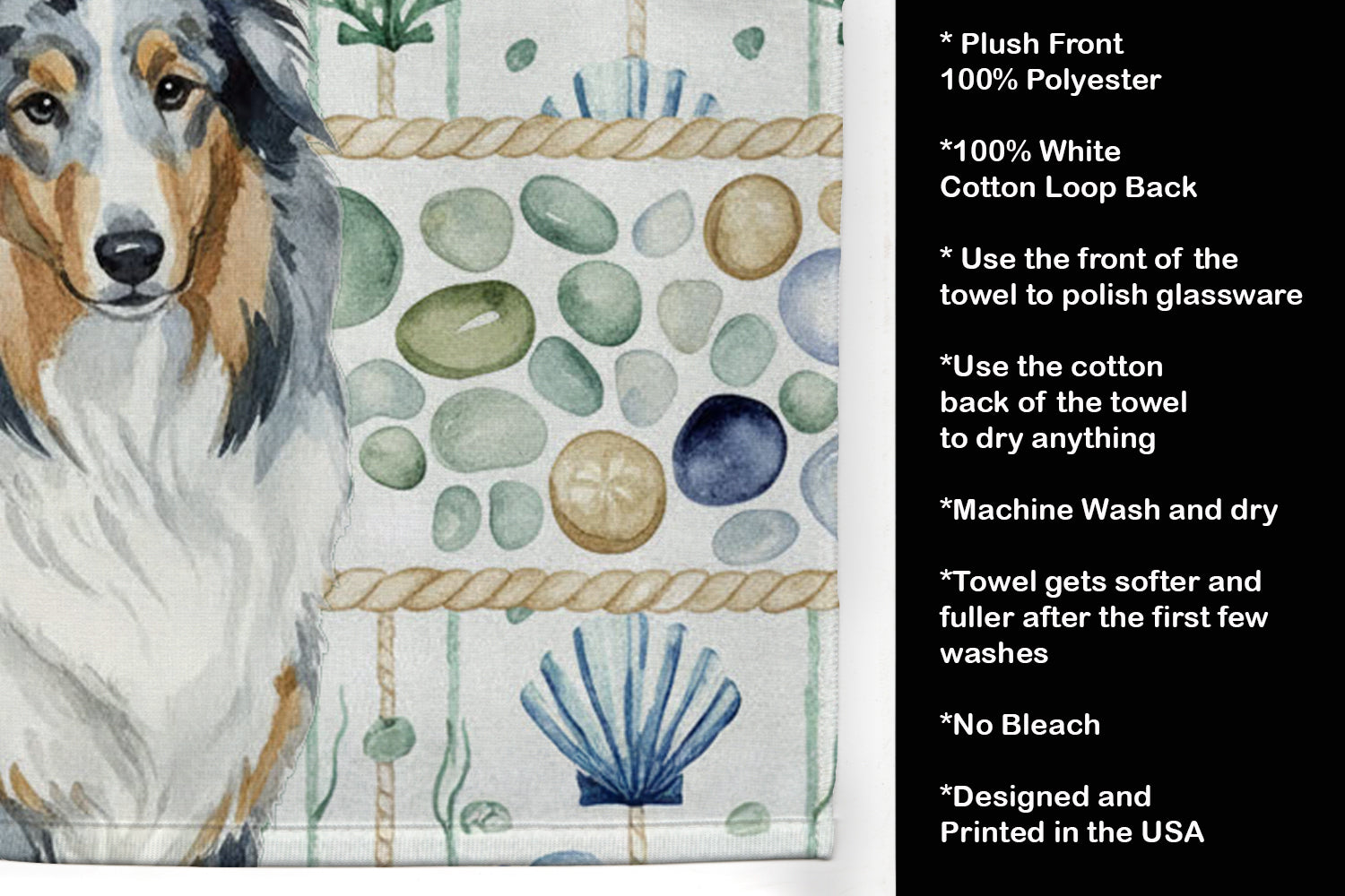 Blue Merle Collie Coastal Sea Glass Kitchen Towel Velour Plush Front and Cotton Loop Back Machine Washable