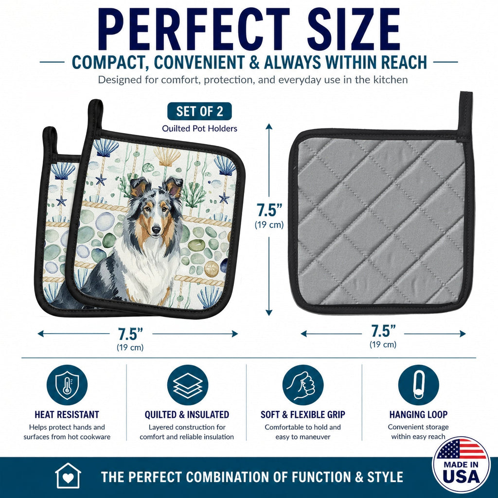 Blue Merle Collie Coastal Sea Glass Pot Holder Set of 2 Heat Resistant Quilted Hot Pads 7.5 x 7.5 Inch, Insulated Kitchen Trivets for Cooking & Baking