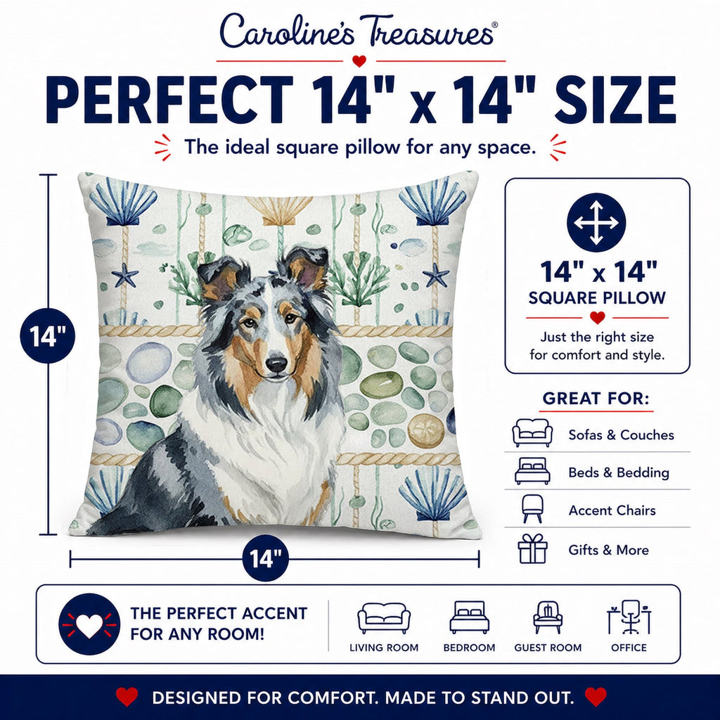 Blue Merle Collie Coastal Sea Glass Decorative Throw Pillow 14x14 Indoor Outdoor Accent Cushion, Fabric Cover with Insert for Sofa, Bed, Porch & Living Room