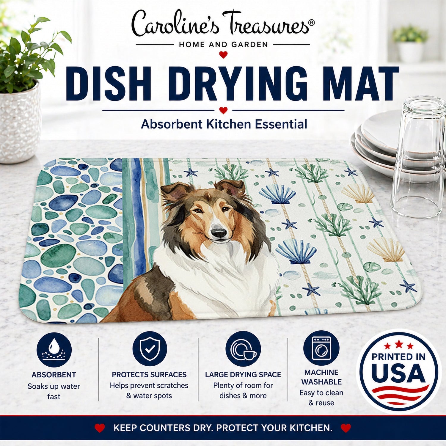 Sable Collie Coastal Sea Glass Dish Drying Mat Absorbent Dish Drying Mat Pad for Kitchen Counter Dish Drainer Mat for Countertop, 14 x 21", Multicolor