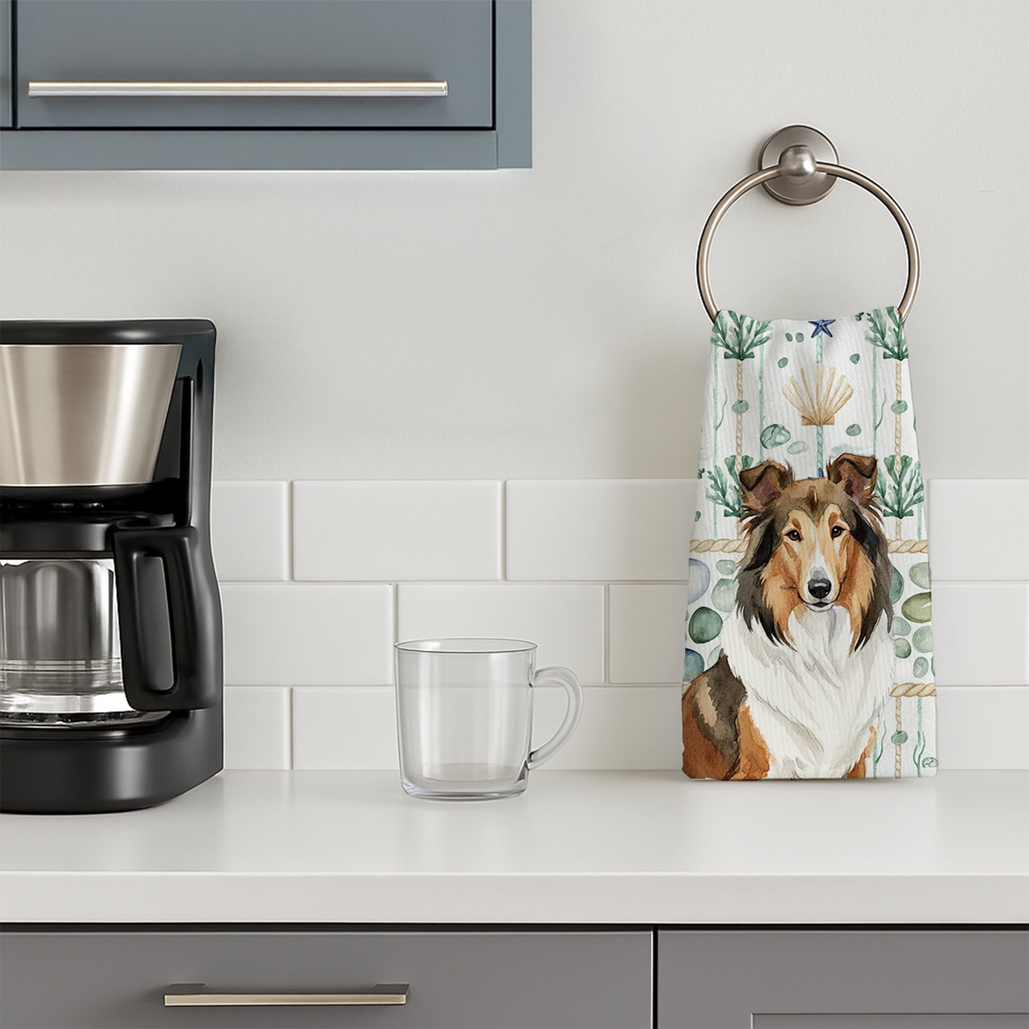 Sable Collie Coastal Sea Glass Kitchen Towel Velour Plush Front and Cotton Loop Back Machine Washable
