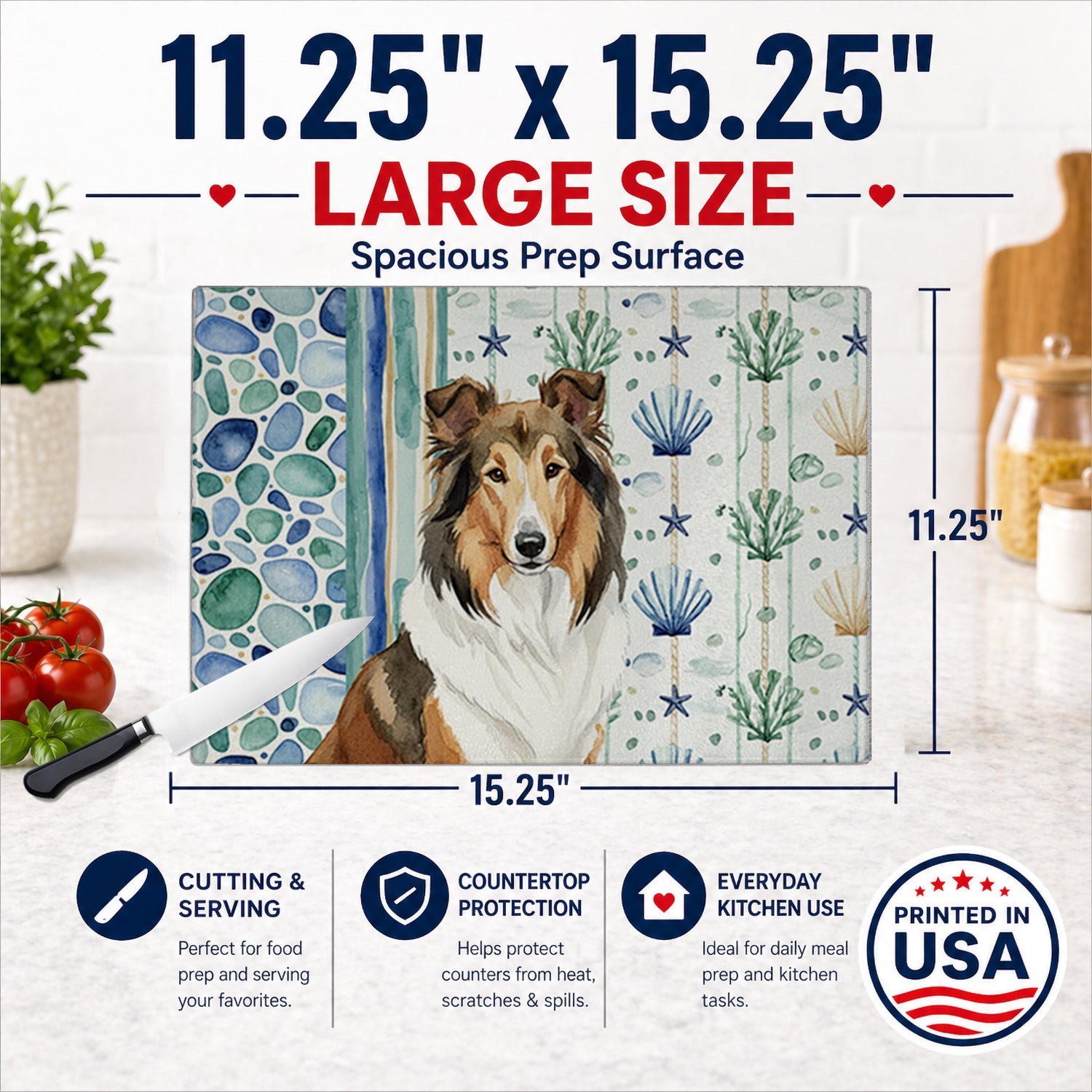 Sable Collie Coastal Sea Glass Cutting Board Tempered Glass Kitchen Cutting Surface, Heat Resistant Chopping, Non-Slip Feet, Food Prep & Serving