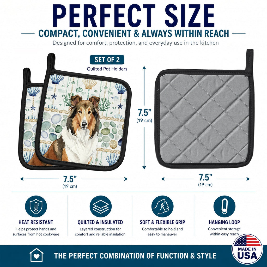 Sable Collie Coastal Sea Glass Pot Holder Set of 2 Heat Resistant Quilted Hot Pads 7.5 x 7.5 Inch, Insulated Kitchen Trivets for Cooking & Baking