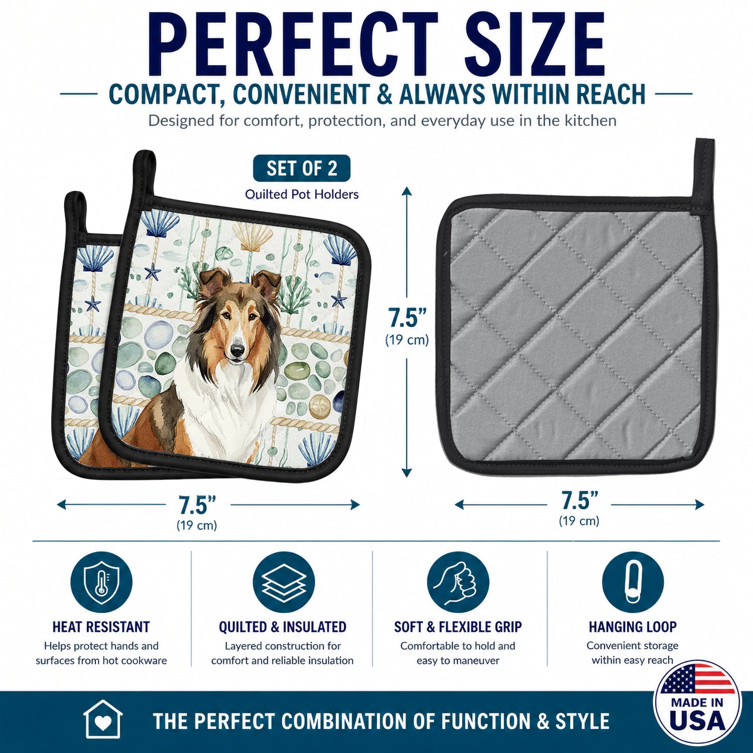 Sable Collie Coastal Sea Glass Pot Holder Set of 2 Heat Resistant Quilted Hot Pads 7.5 x 7.5 Inch, Insulated Kitchen Trivets for Cooking & Baking