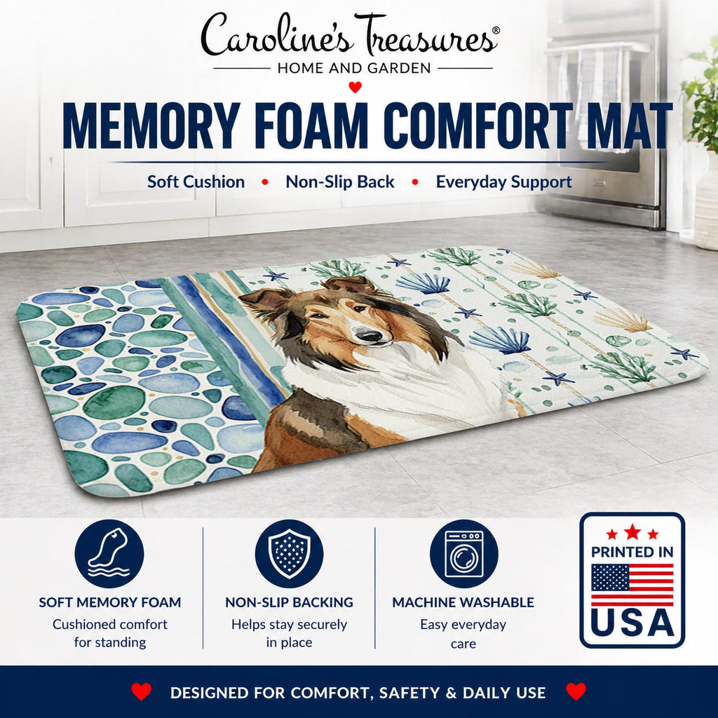 Sable Collie Coastal Sea Glass Memory Foam Kitchen Mat Machine Washable Anti-Fatigue Cushion Comfort Bath or Kitchen Rug