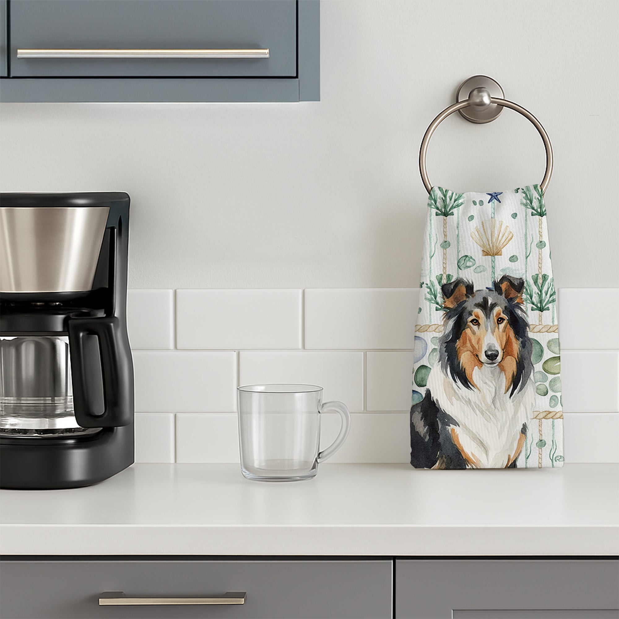 Tricolor Collie Coastal Sea Glass Kitchen Towel Velour Plush Front and Cotton Loop Back Machine Washable