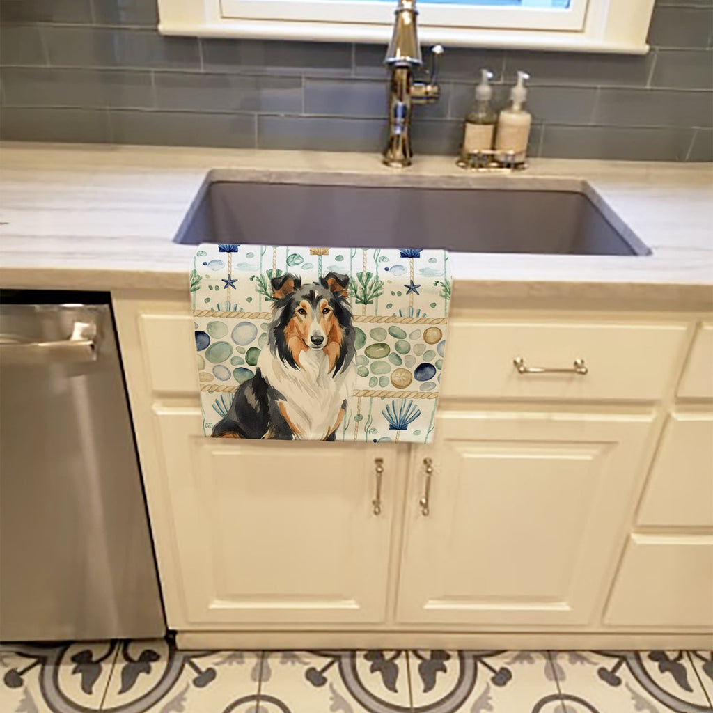 Tricolor Collie Coastal Sea Glass Kitchen Towel Velour Plush Front and Cotton Loop Back Machine Washable