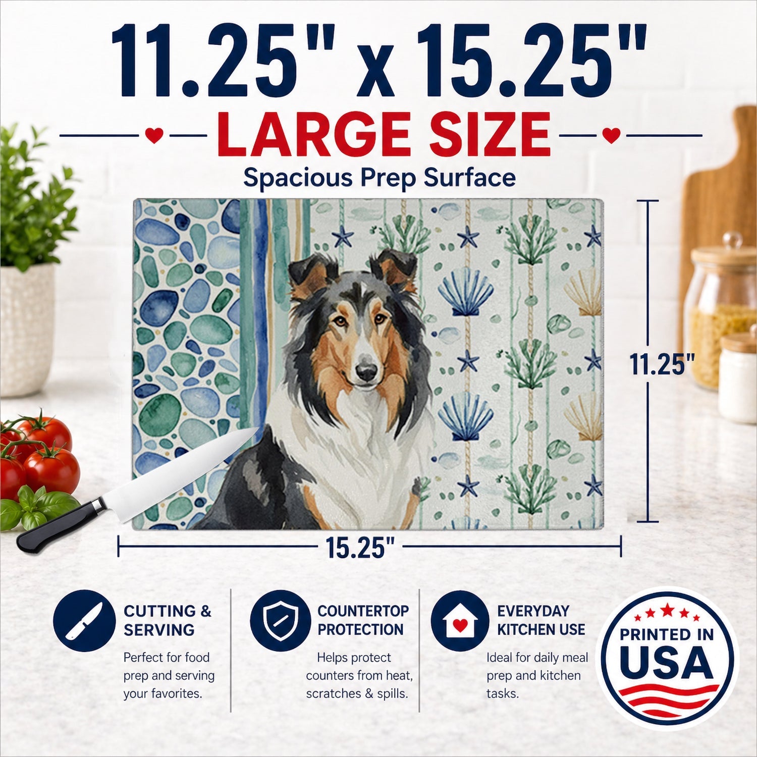 Tricolor Collie Coastal Sea Glass Cutting Board Tempered Glass Kitchen Cutting Surface, Heat Resistant Chopping, Non-Slip Feet, Food Prep & Serving