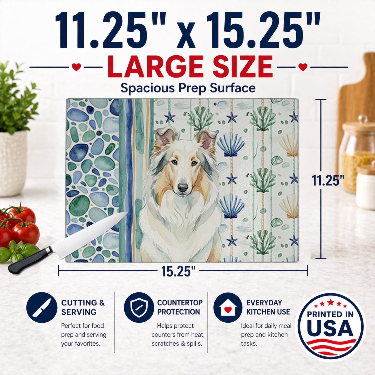 White Collie Coastal Sea Glass Cutting Board Tempered Glass Kitchen Cutting Surface, Heat Resistant Chopping, Non-Slip Feet, Food Prep & Serving